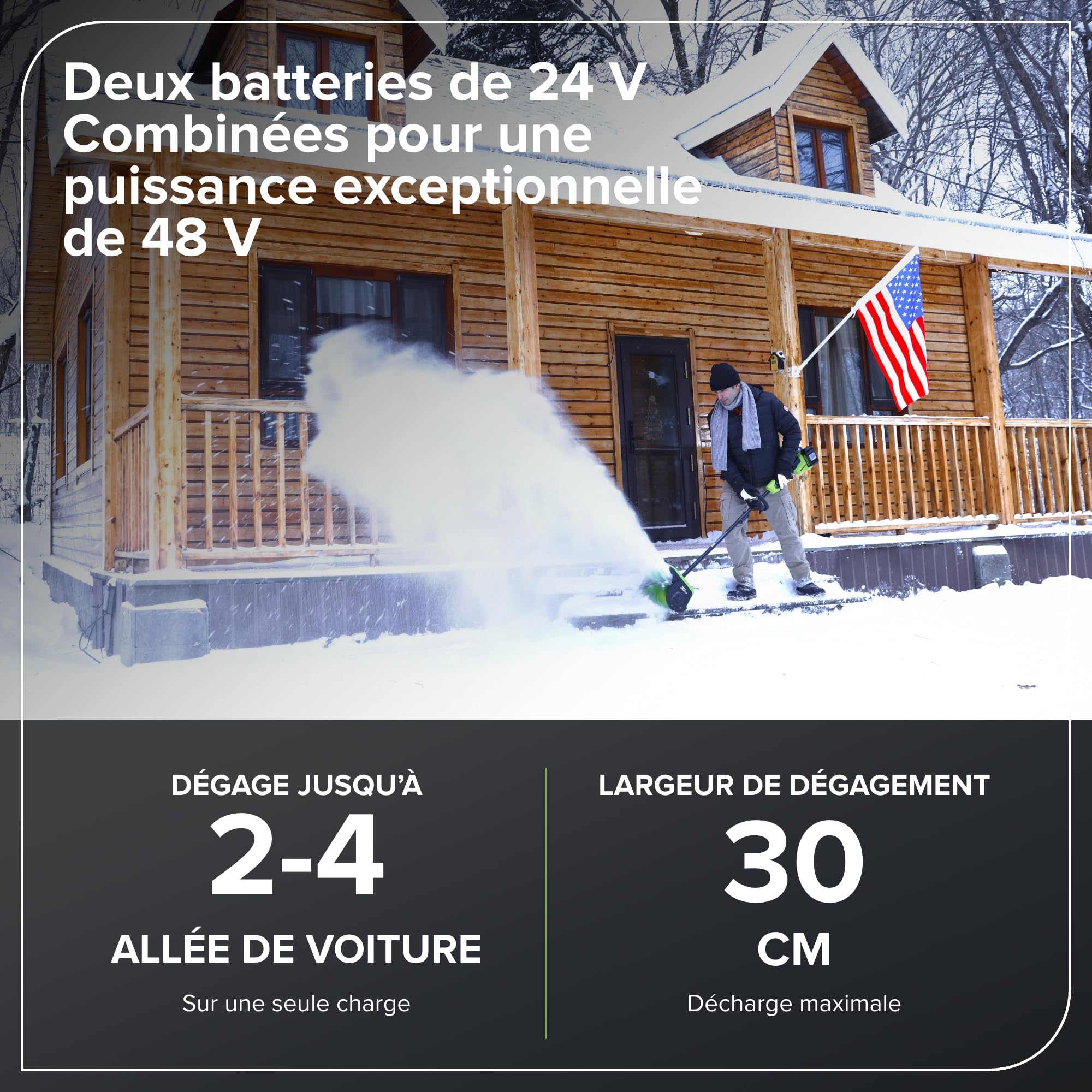 Greenworks Fraise à Neige sans Fil 48V 30cm 20cm 2 Batteries 4,0 Ah 65W USB C Chargeur SS3002