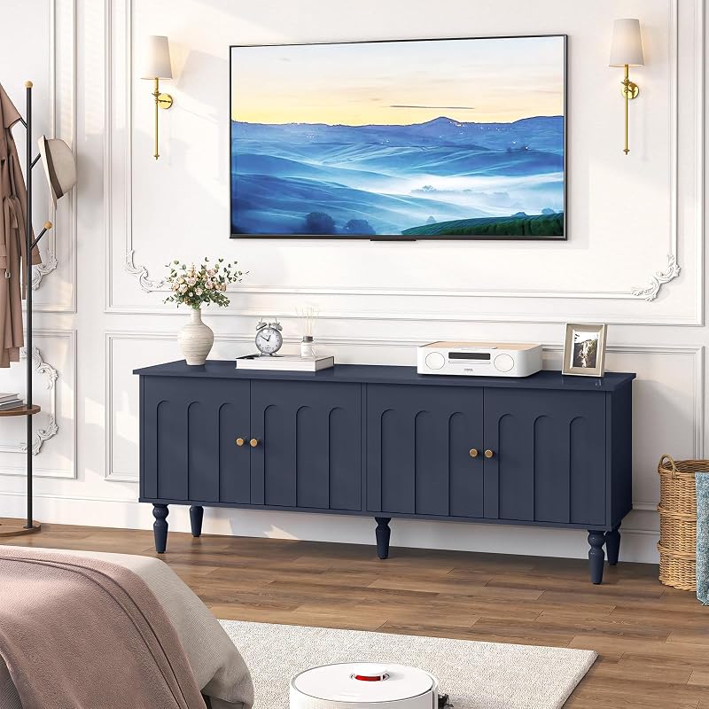 60" Mid-Centry Modern TV Stand with Storage, 4 Cabinet, Blue | for up to 65" TV, Arched Fluted Door, Wood Entertainment Center TV Console, Under TV Cabinet for Living Room, Bedroom image 7