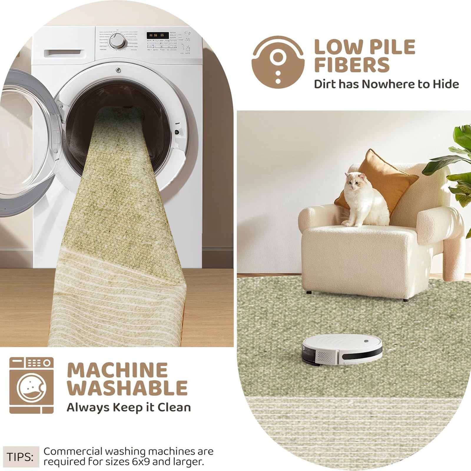 Tapis de salon rond 80 cm, moelleux à poils courts avec design géométrique vert et beige, antidérapant et lavable, pour le salon ou comme descente de lit, en vert, beige