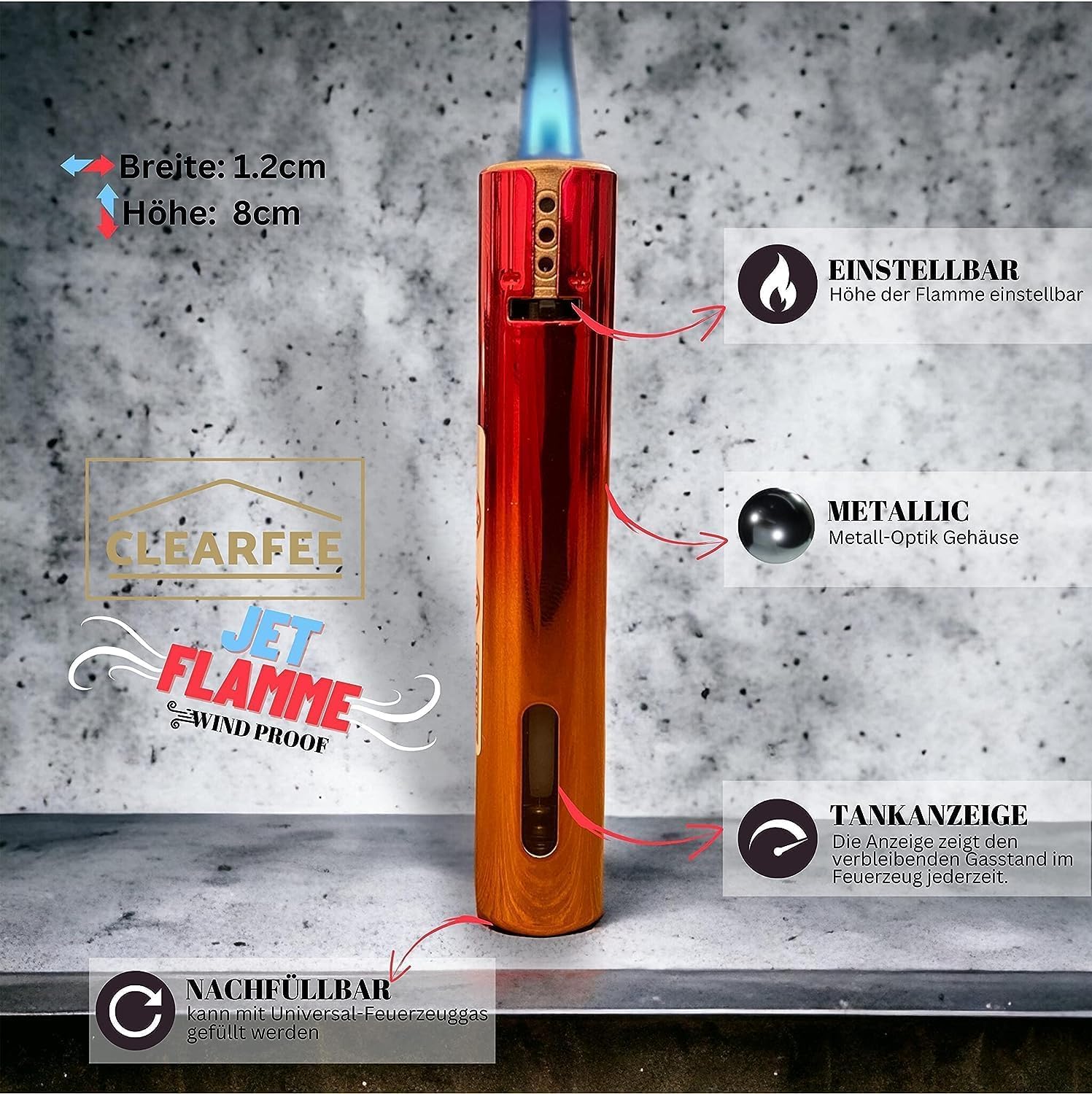 Clearfee Jet Flamme Sturmfeuerzeug | Windfest, Witterungsfest | Nachfüllbar | Elegant Gold Metallic Farben | Elektronik Jet Turbo Flamme Feuerzeug (mit Personalisierung, 25)