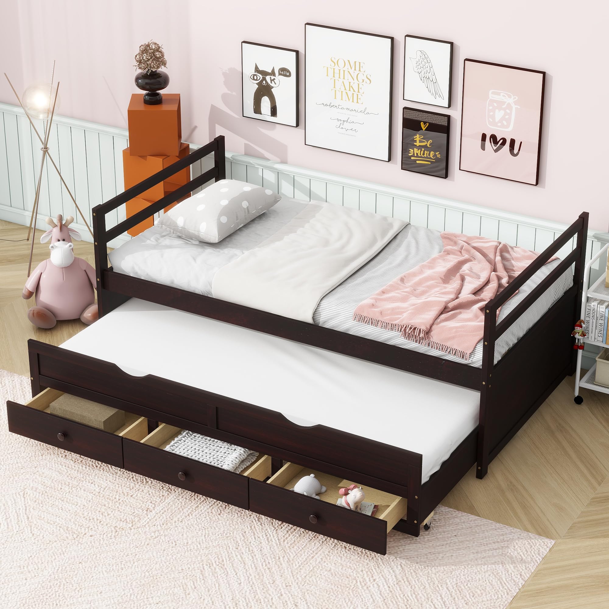 BEDGJH Twin Size Bed Frame with Headboard and Footboard, Pine Wood Bed with Trundle and 3 Storage Drawers, No Box Spring Needed, Easy Assembly (Espresso)