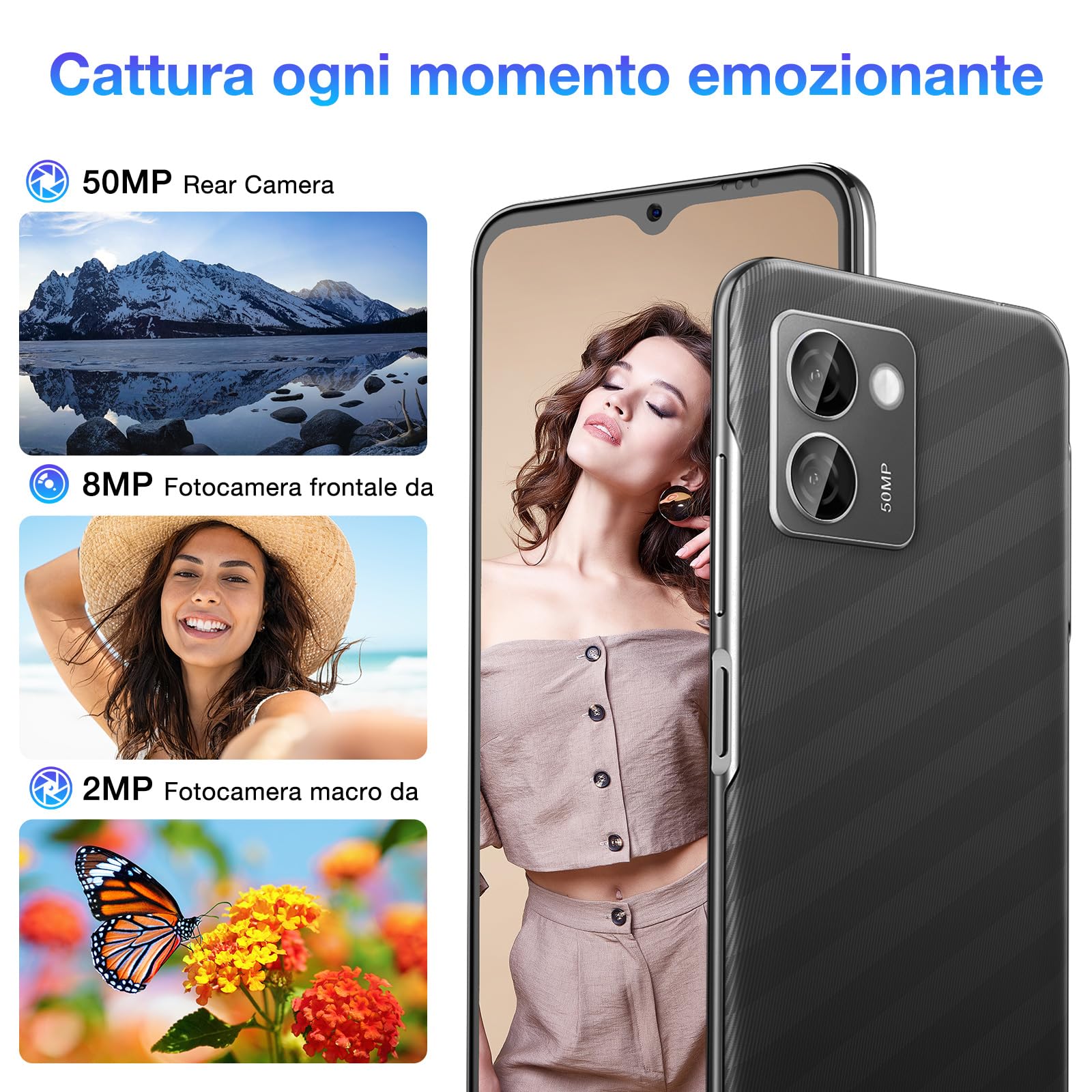 DOOGEE N50 Pro Smartphone Android 13, 20GB+256GB/TF1TB, 6.52" HD+Telefono Cellulare, Octa-Core, 4200mAh, 50MP+8MP, 4G Dual SIM Telefono, Fingerprint/Face ID/GPS/Modalità Panorama/Tipo C/OTG,Nero