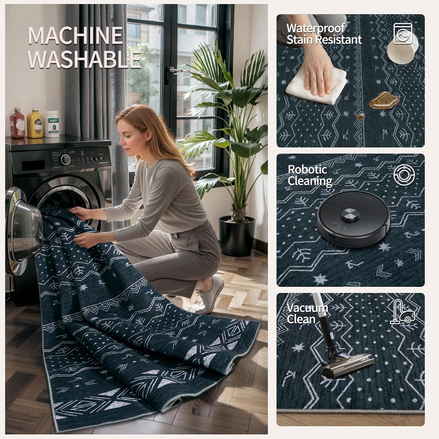 SERISSA 2x4 Rugs for Entryway, Washable Non-Slip Grey Small Runner Rug, Soft Low-Pile Boho Geometric Indoor Entry Rug Door Mat Indoor Entrance Front Door Carpet for Bathroom Kitchen Bedroom