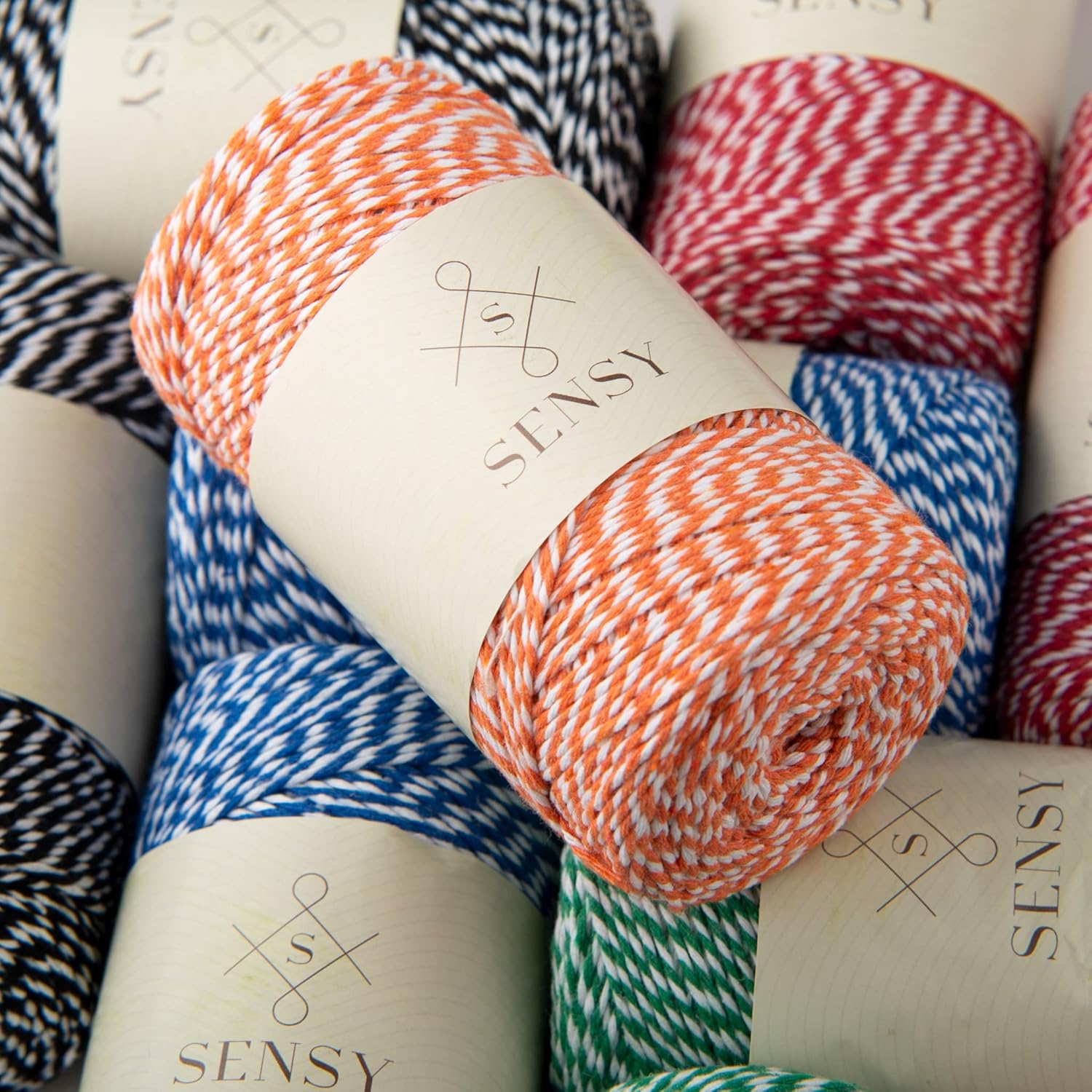 5 Skeins of Sensy Premium Cotton Striped Bakers Twine,%100 Recycled Cotton, 656 Feet, Packaging Cord for DIY Crafts and Gift Wrapping (Green and White)