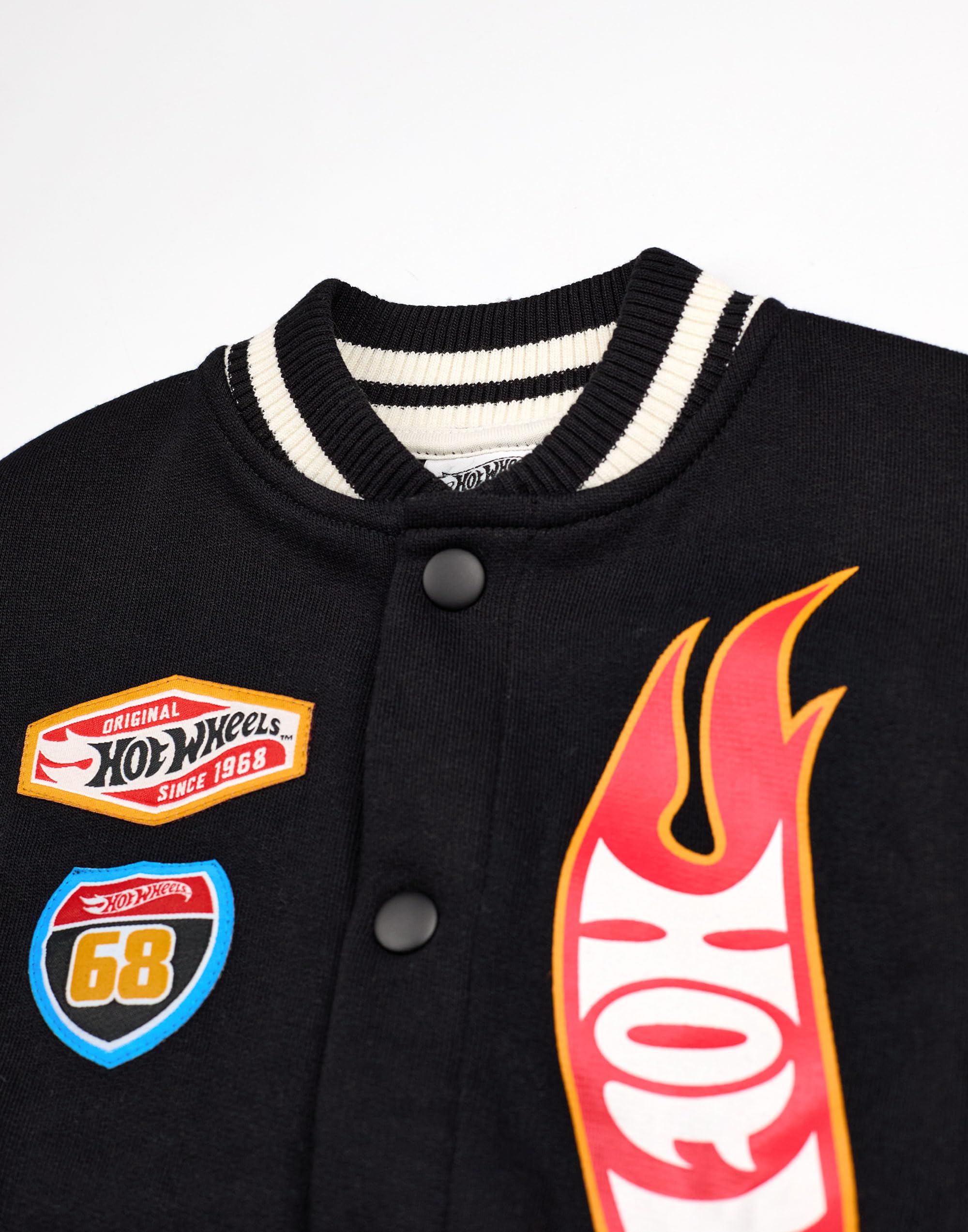 Hot Wheels Giacca Bomber per Bambini | Giacca Varsity con Stampa Grafica Logo Fiamma Nero per Bambini | Giacca per Bambini con Stampa Auto da Corsa Turbo con Cerniera