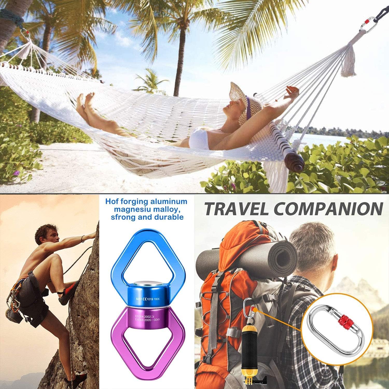Columpio, dispositivo giratorio de 30 KN con certificado CE, dispositivo giratorio de 360°, accesorio colgante para columpio de árbol de red, silla hamaca, cuerda de escalada, yoga aéreo,