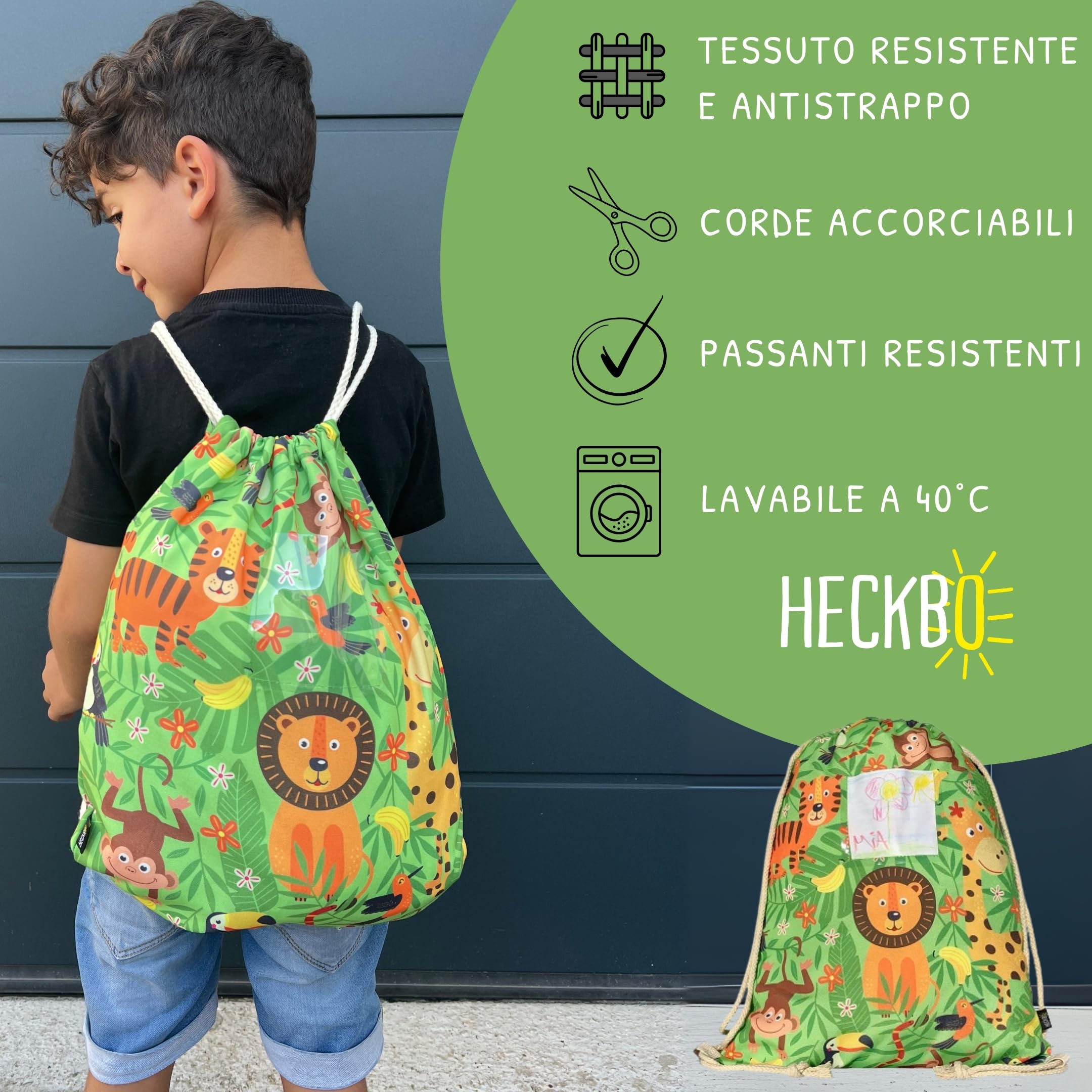 HECKBO Sacca per Bambini, Ragazzi e Ragazze con Taschino di Sicurezza per Foto - Giungla - Lavabile in Lavatrice - 40x32cm - Ideale per Asilo, Viaggi, Sport - Zaino, Borsa da Ginnastica