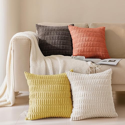 Softalker Juego de 4 fundas de almohada de pana suave a rayas bohemias de 16 x 16 pulgadas, fundas decorativas modernas para sofá, dormitorio, sala