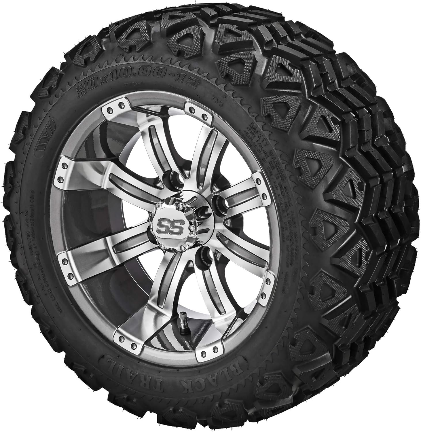 RM Cart 12" Casino Matte Black on 20x10-12 Black Trail Tires (Set of 4) | Golf Cart Tires and Wheels Combo with Standard Lug Nuts