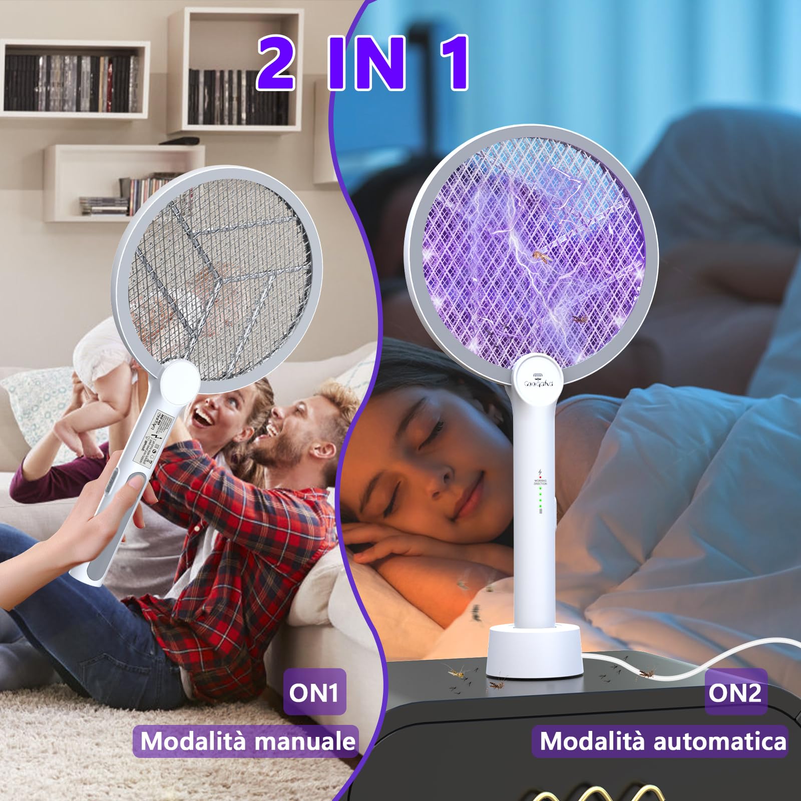 2 Racchetta Zanzare Elettrica 4000V, Ricaricabile USB C Racchetta Zanzare Elettric Anti Zanzare, Protezione dal tatto, Antizanzare per Casa Campeggio Interni ed Esterni