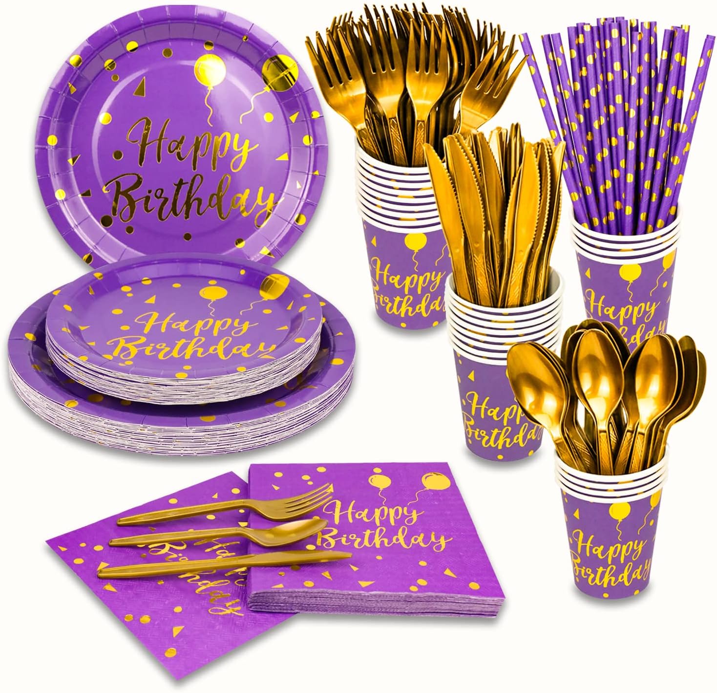 175 Pieces Gold Disposable Party Dinnerware Set &Disposable Birthday Party Dinnerware - Paper Plates Napkins Cups, Gold Plastic Forks Knives Spoons