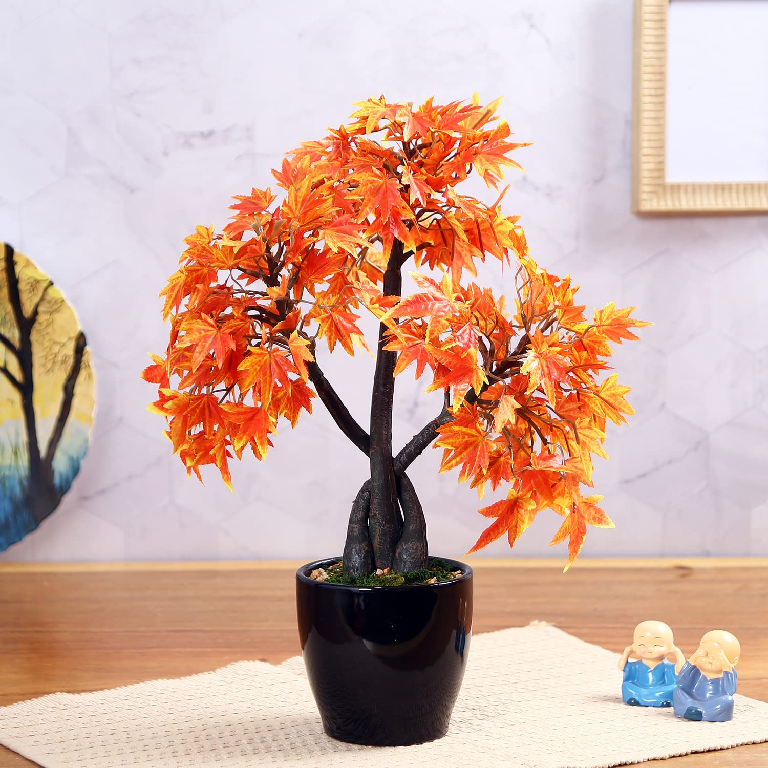 Fourwalls Artificial Bonsai Japanese Maple Plant in a Glossy Ceramic Pot for Home and Office Décor (233 Leafs, 39 cm, Mixed Material, Orange)-image-9
