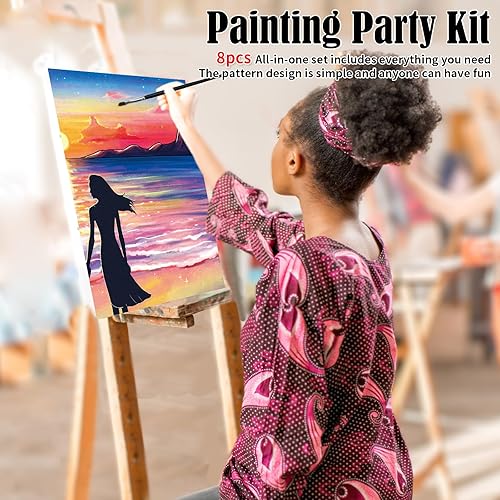 Miniatura 3 de VOCHIC 8 piezas de lienzos predibujados para pintar para adultos, kit de sorbo y pintura, suministros de fiesta, juego de pintura en lienzo, juegos