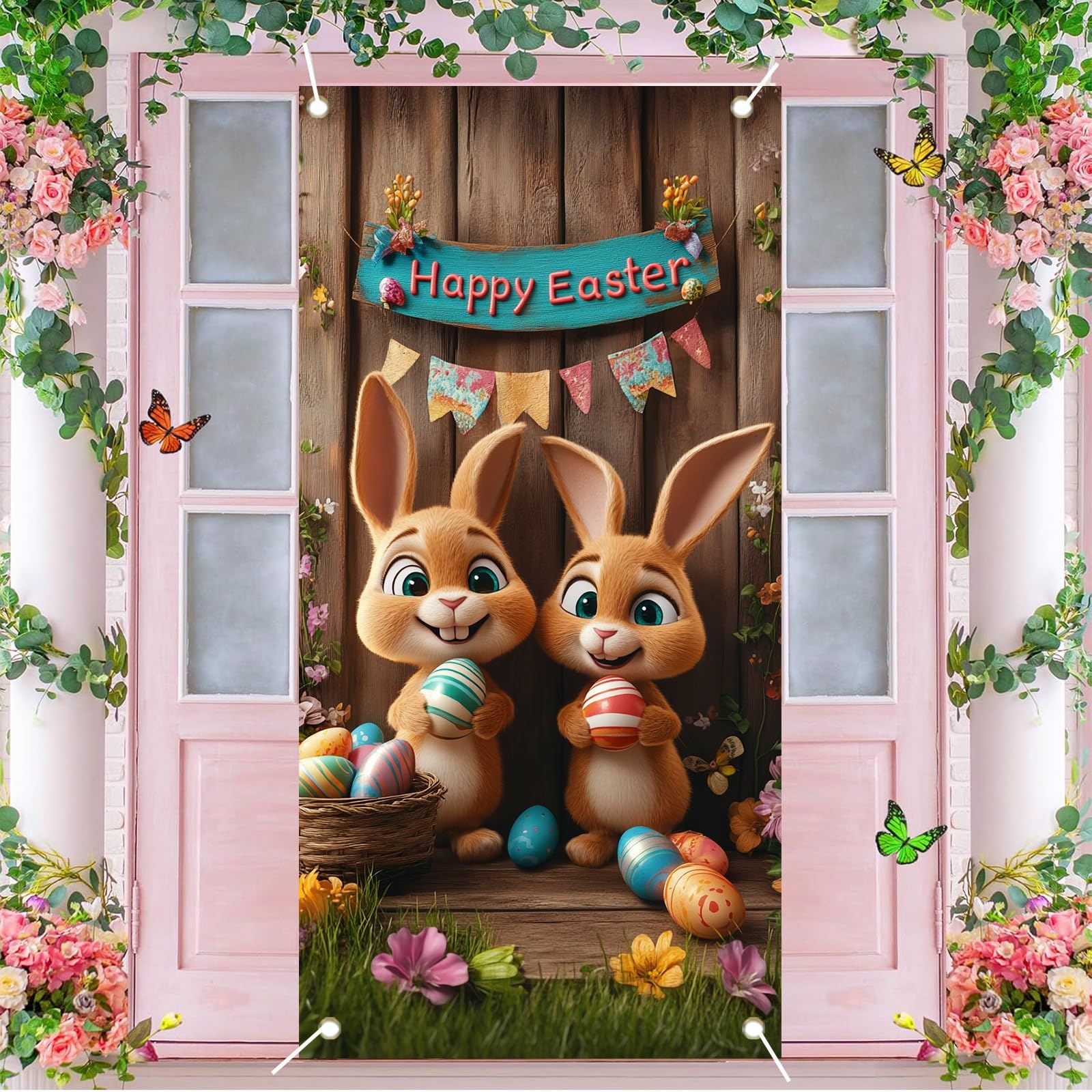 Easter Door Cover Easter Background Board Happy Spring Easter Bunny Eggs Door Banner Sign Easter Rabbit Backdrop for Front Door Seasonal Hanging Decorations