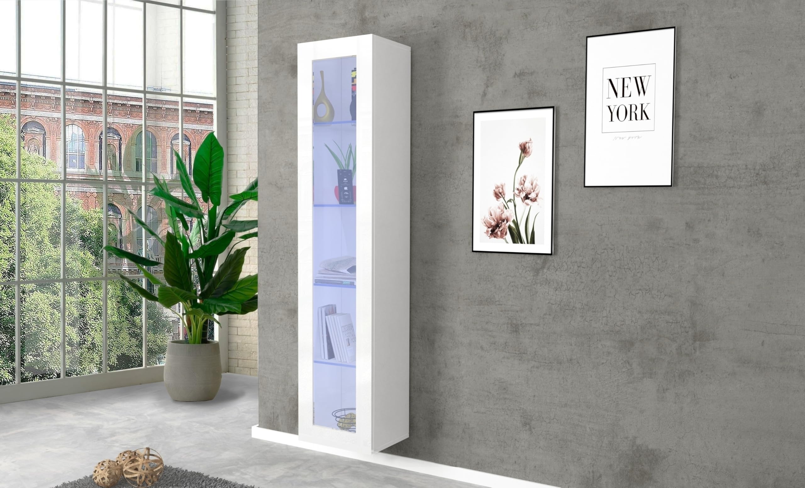 möbelando Vitrine >Benevent< Moderne Vitrine, aus melaminharzbeschichteter Spanplatte, in Weiß Hochglanz, mit 1 Glastür, 4 Glaseinlegeböden - 40x180x30cm (BxHxT), Made in Italy