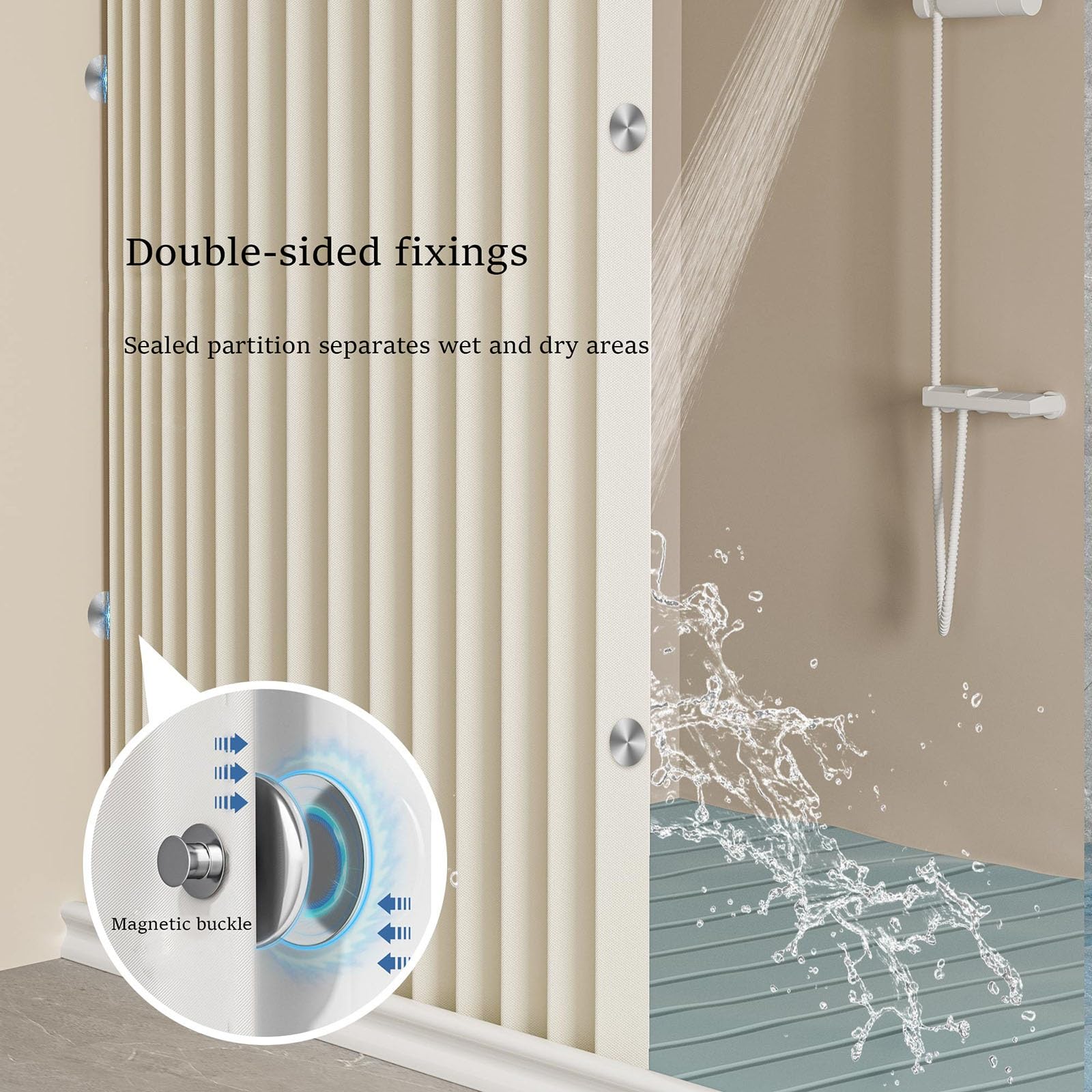 Cortina de ducha impermeable con barra telescópica, diseño plegable para separación húmeda y seca, fácil de instalar