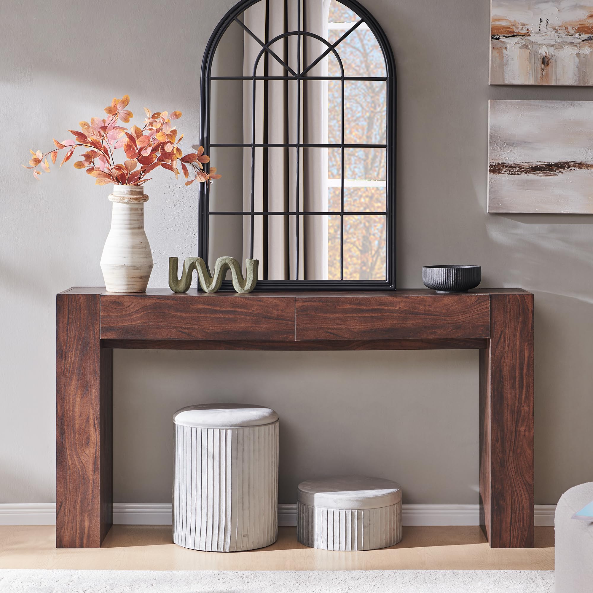 The OKD 63-inch Modern Entryway Console Table in a dark walnut finish, positioned in a living room setting.