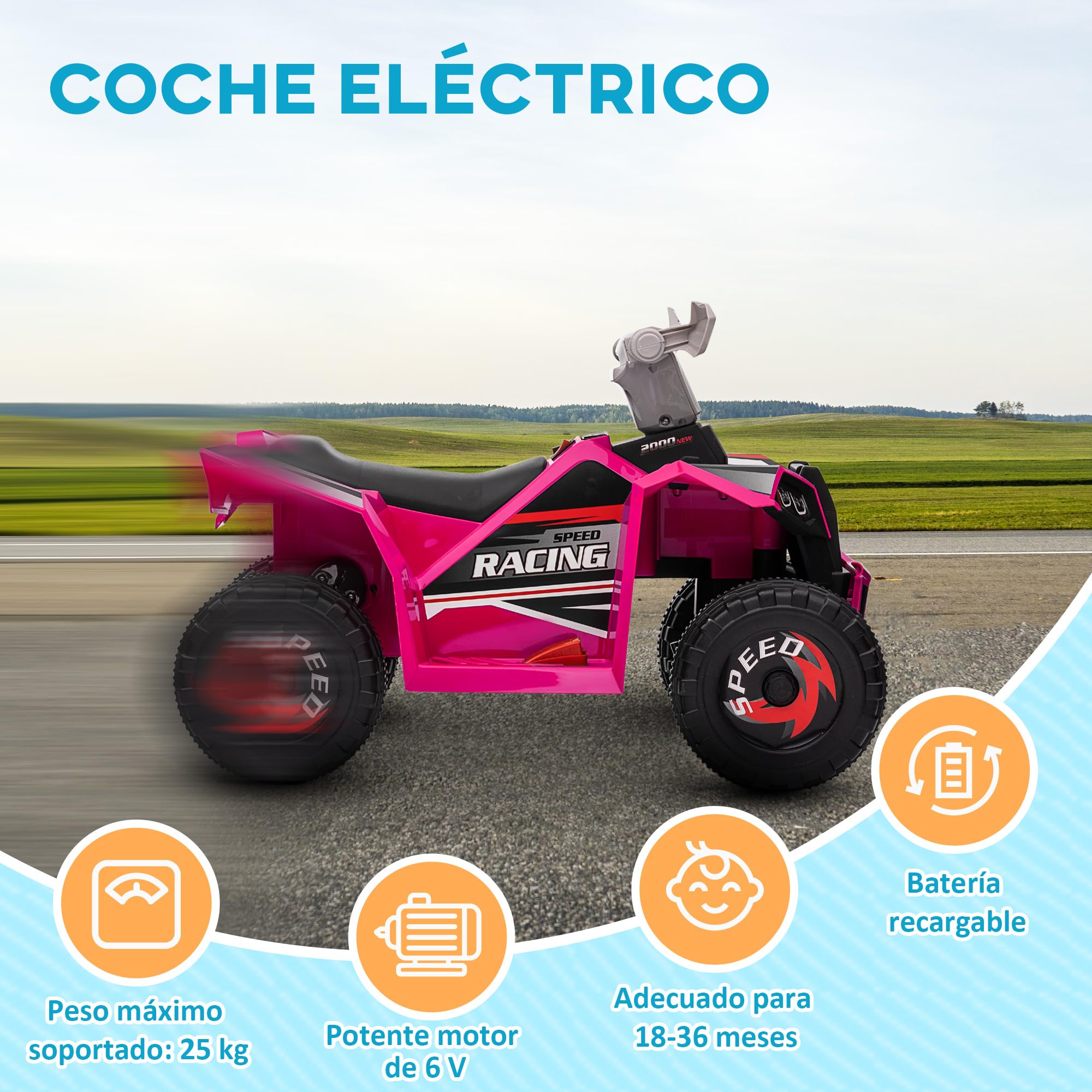 HOMCOM Quad Eléctrico para Niños 6V 18-36 Meses Avance y Retroceso 2,5 km/h Rosa