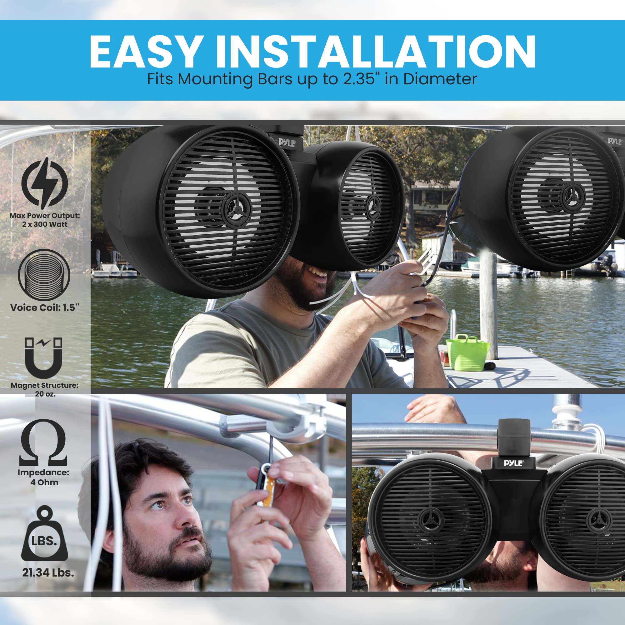 Pyle Altoparlanti impermeabili per fuoristrada, 20,3 cm, 300 W, 2 vie, sistema audio a torre di wakeboard con luce a LED, altoparlante stereo da esterno per auto, ATV, UTV, Jeep, barca, include staffe