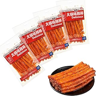 4-pack Latiao Hot Pot Spicy Strips, 100g/3.5oz per pack, Chinese Hot Pot Spicy Sticks, Tiktok Gluten Snacks from China, 辣条, 大面筋, Made of Flour, Chili and Spices