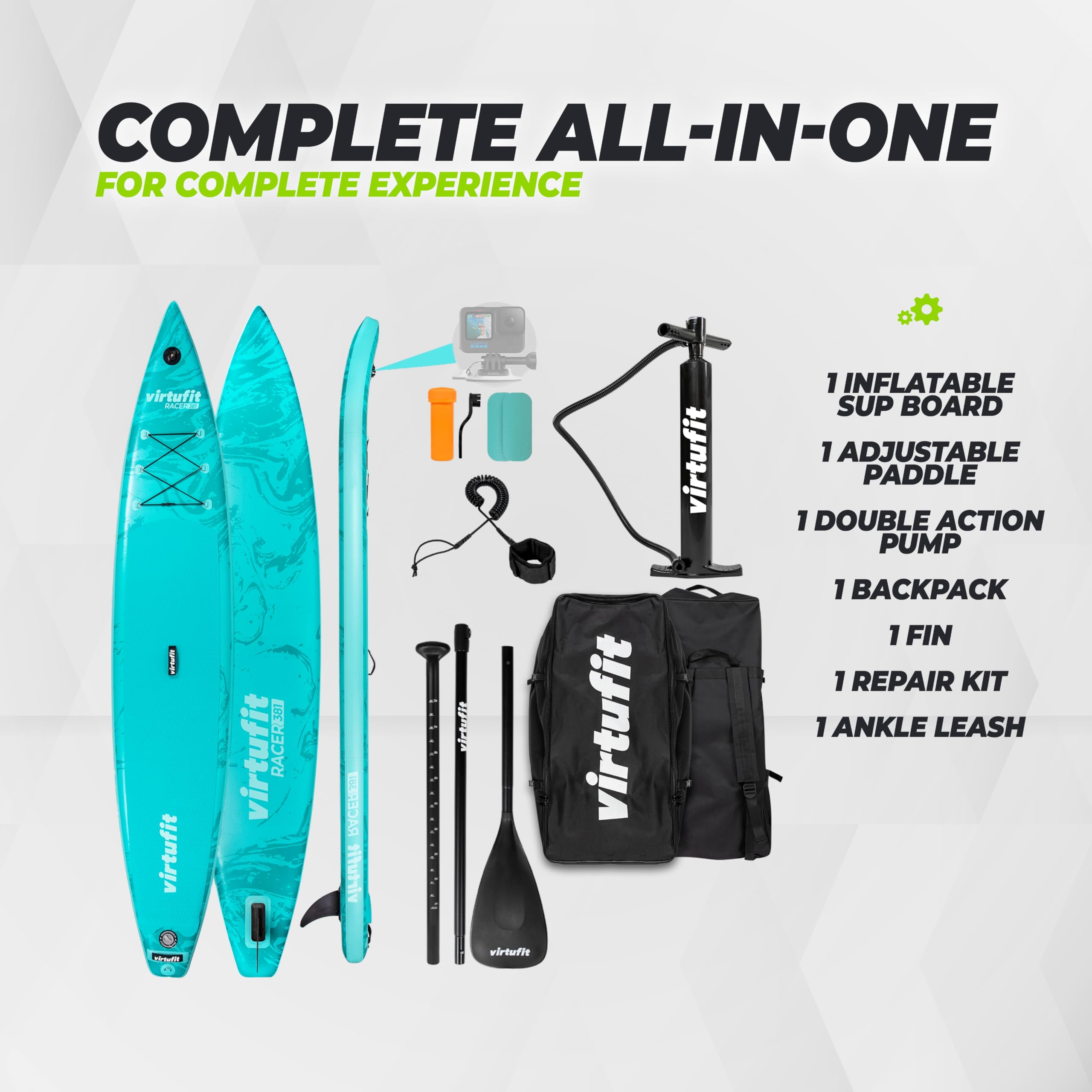 VirtuFit SUP Board Racer 381 - Tabla de surf hinchable (180 kg, 381 x 71 x 15 cm), color beige