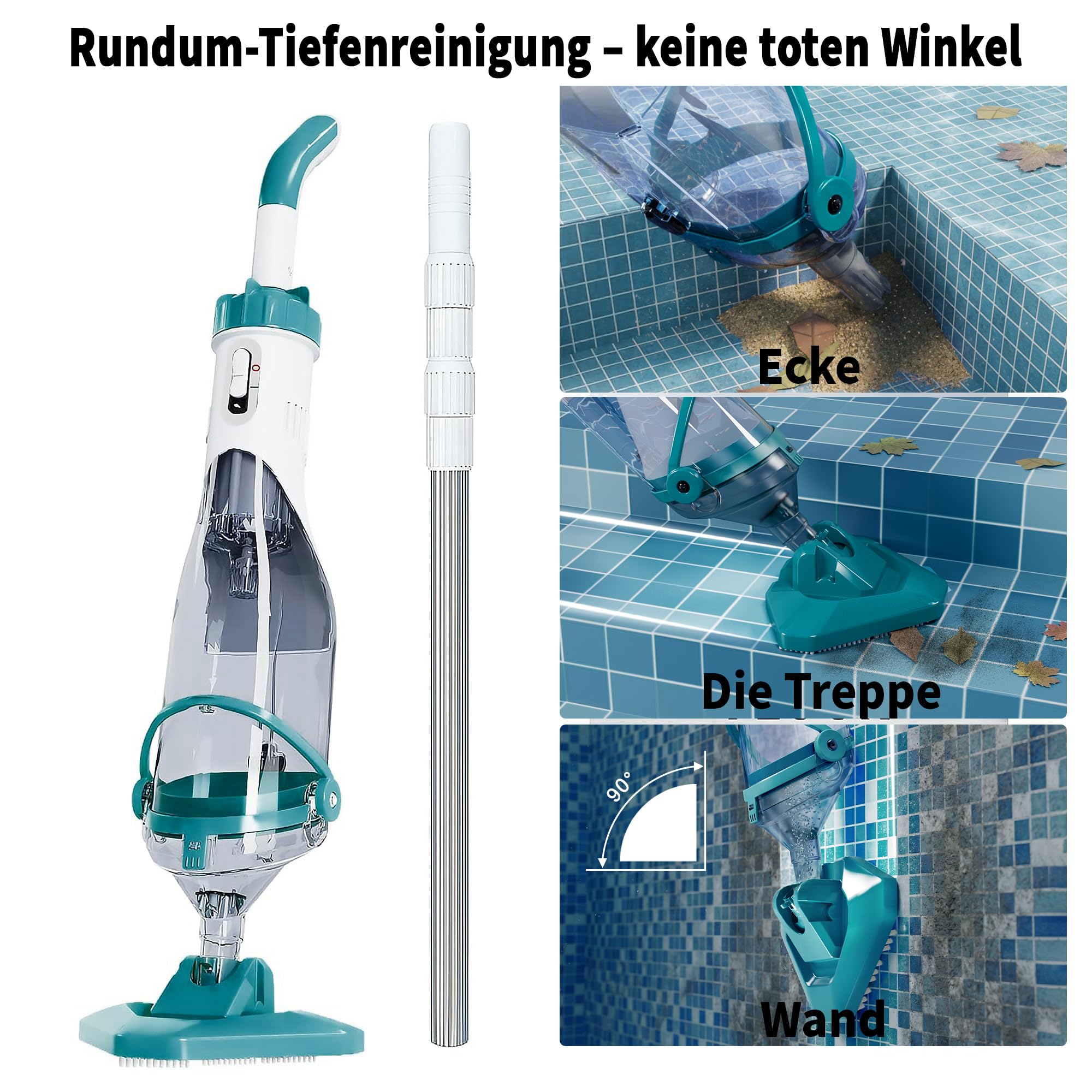 FOTING Poolsauger Akku, Absaugung bis zu 4300L/H, Pool Bodensauger mit Betriebsdauer bis zu 60 Minuten, Poolreiniger mit 4 Filter, Ideal für oberirdische Pools/Spas usw