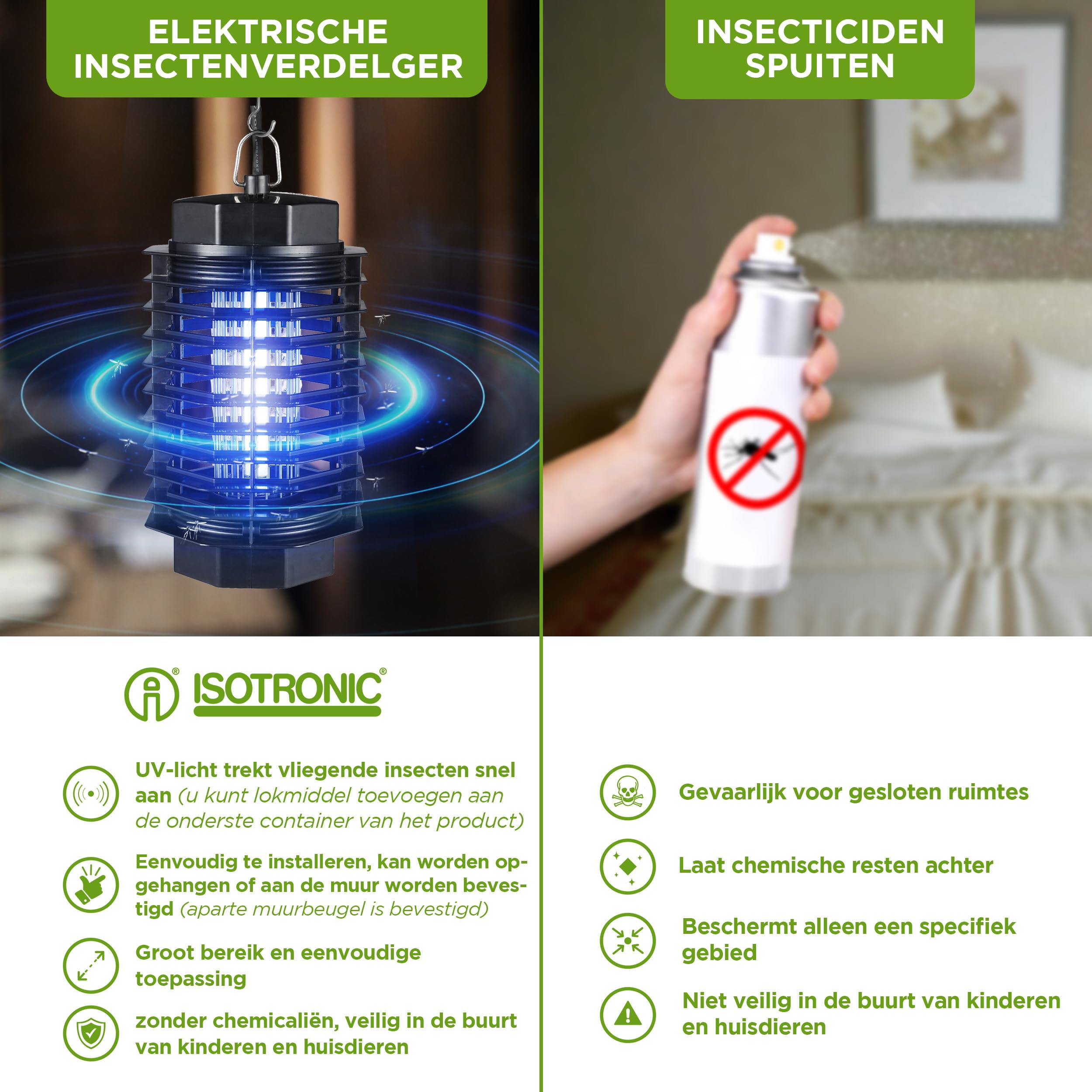 ISOTRONIC Elektrische insectenverdelger slaat muggen, vliegen, motten en andere vliegende insecten betrouwbaar op – muggenlamp voor gebruik binnenshuis – werkingsbereik van 50 m²