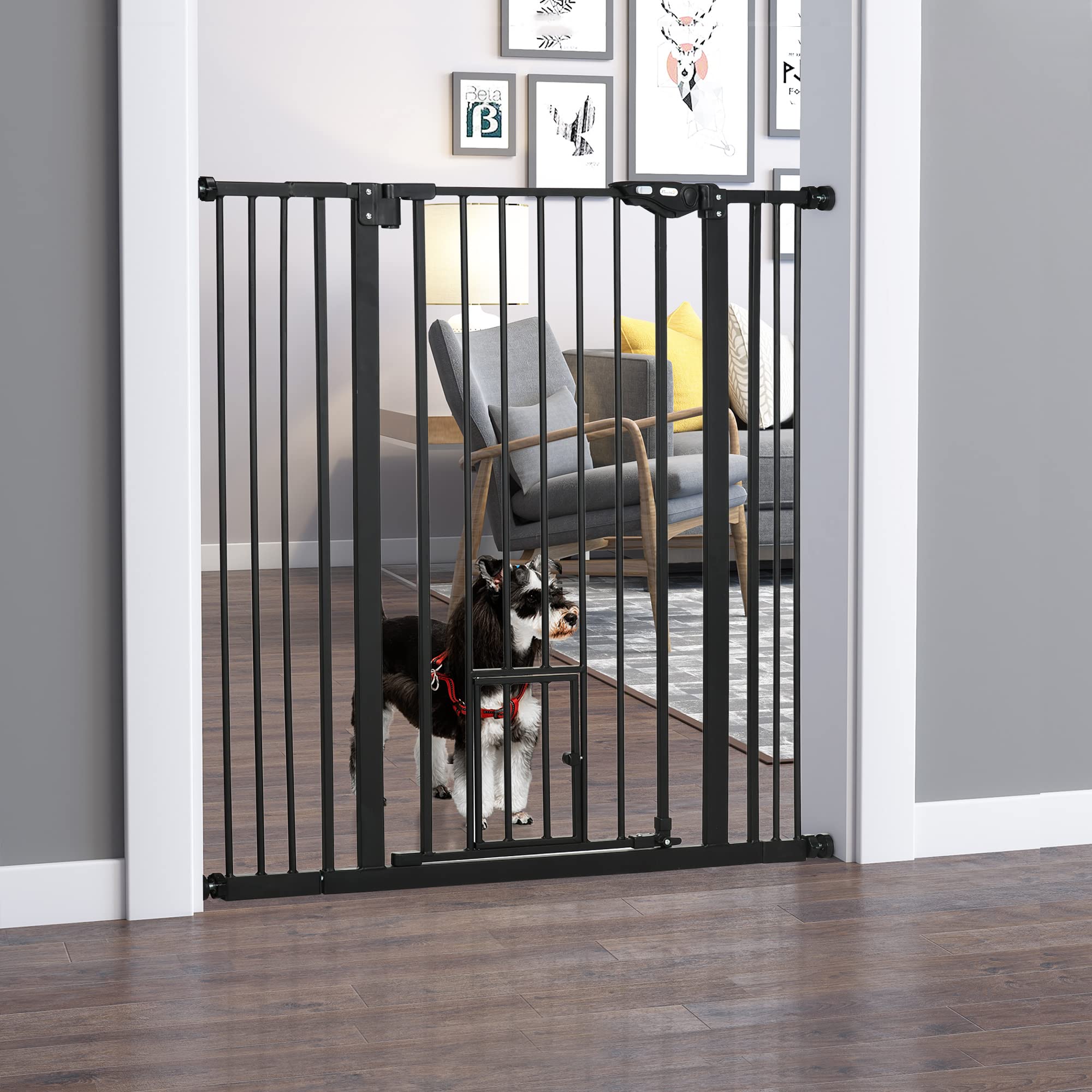 PawHut Barrière de sécurité Animaux de 104H cm Conception Haute avec Porte Chat Fermeture Automatique système de Double Verrouillage sans percage de 74 à 101 cm Acier Noir