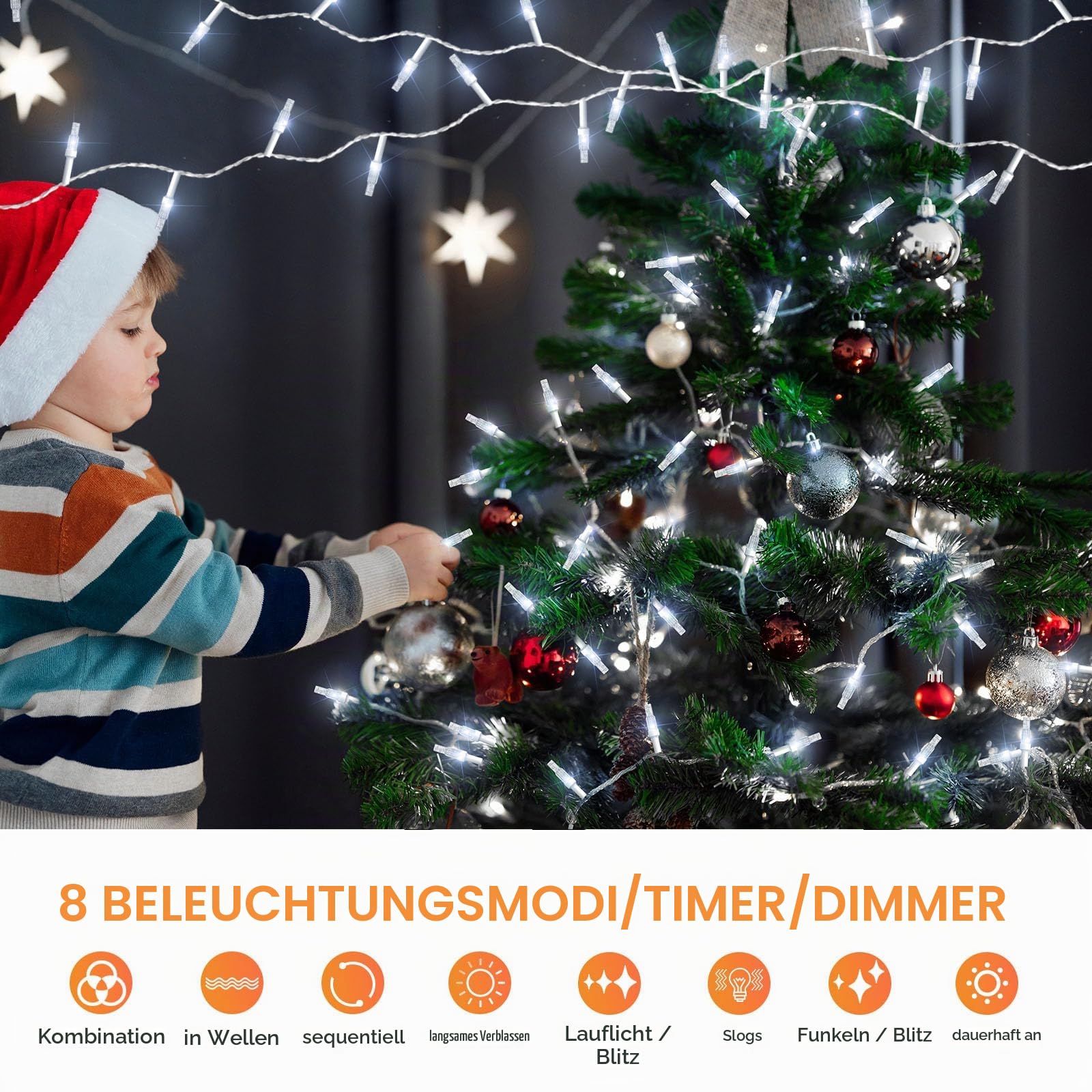 Lichterkette Außen 100M 800LED,Lichterkette Außen mit Strom,8 Modi,LED Lichterkette mit Fernbedienung Timer für Hochzeit Garten,10M Anschlusskabel(Weiß)
