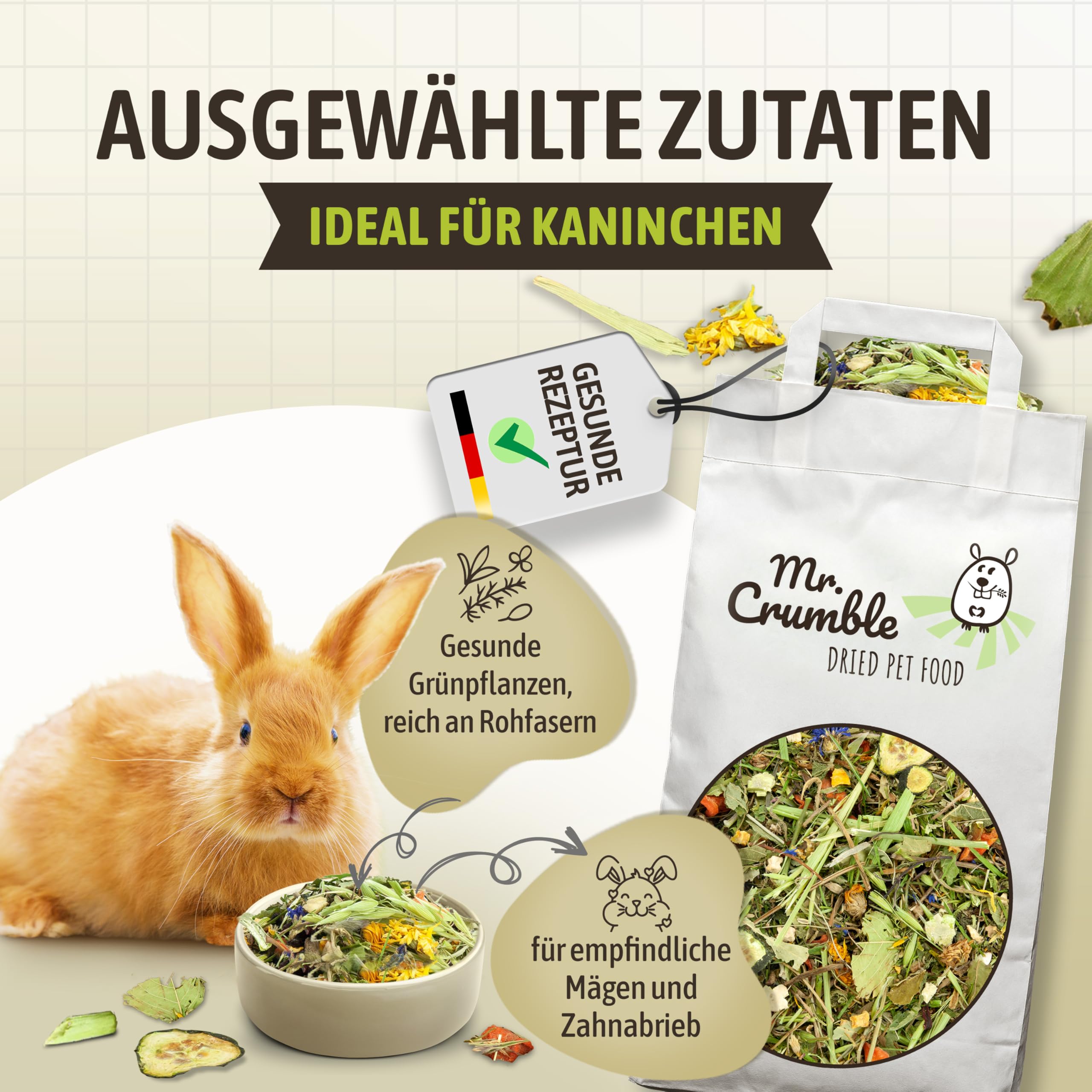 Mr. Crumble Mümmel-Mix Kaninchenfutter 5 kg – getreidefreies Kaninchen Hauptfutter für Zwergkaninchen – ohne Pellets, mit Kräutern, Gemüse, Blüten & Saaten – strukturreiches Trockenfutter