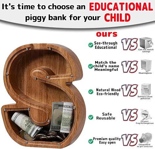 Miniatura 3 de Alcancía de madera extragrande de 12 pulgadas para niños, alcancía para niños y niñas, banco inicial S, banco de dinero del alfabeto para cumpleaños