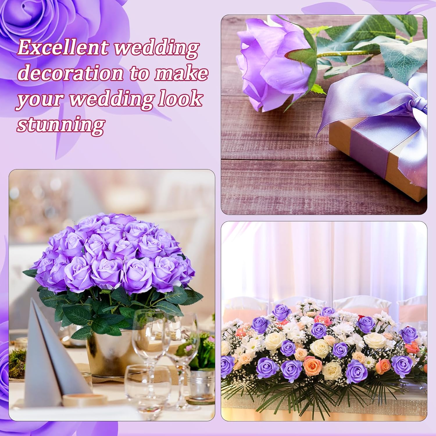 30pcs Fake Roses Artificial Silk Flowers Long Stems Bouquet for Wedding Bridal Shower Party Home Decoration (Purple) - Image 5