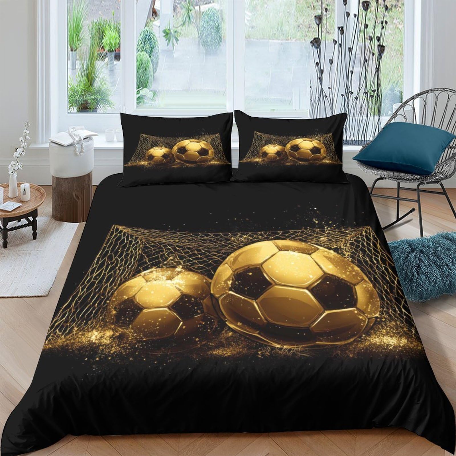 Ctjqhvkz Style-8 3D Printed Golden Football Fitted Sheet Microfiber Black Soccer Bed Cover For Bedroom Guest Room Dorm Easy Care Single（135X200cm）