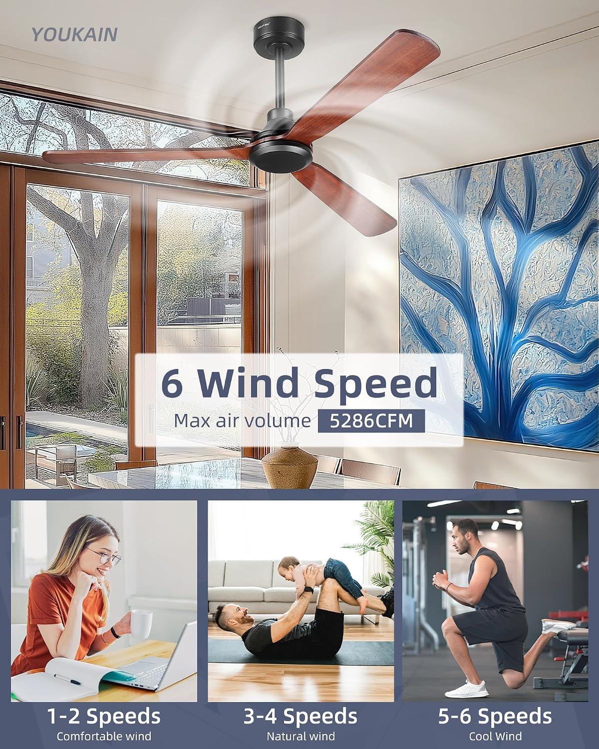 YOUKAIN 52 Inch Ceiling Fans without Lights, 3 Blade Ceiling Fan, Walnut Wood, Remote Control, 6-Speed Reversible Motor, Timer, Outdoor Fans for patios, 52-YJ817-DW-NL