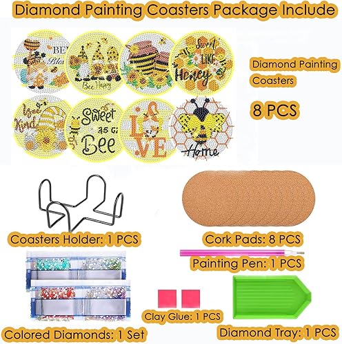 Miniatura 5 de TDOOW Portavasos de arte de diamantes para gatos, 8 piezas de posavasos de pintura de diamantes con soporte y almohadillas de corcho, suministros de