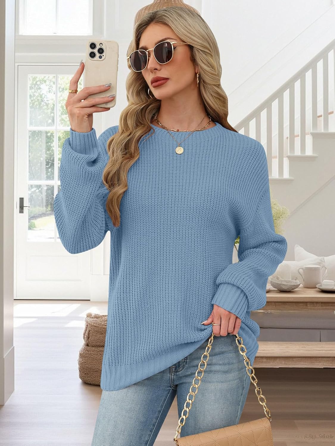 Womens Sweaters Early Fall Fashion Clothing 2025 Long Sleeve Shirts Cowboy Chic Sweatshirts Date Night Rompers Clothes Casual Plus Size Blouses Christmas Trendy Outfits Tops for Teachers Grey Blue L - Image 3