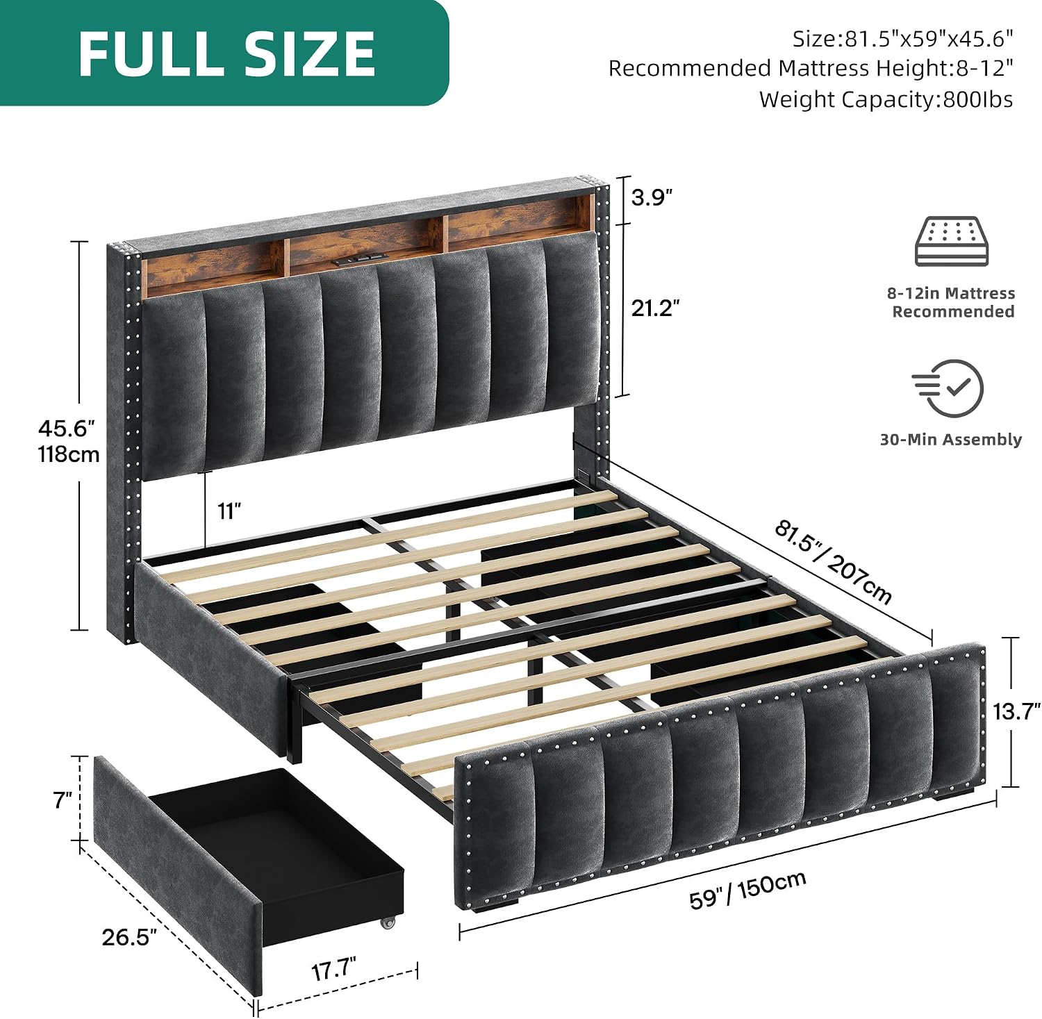 DWVO Full Size Bed Frame with 4 Storage Drawers and RGB LED Lights, Velvet Upholstered Platform Bed with Charging Station and Bookcase Storage Headboard, No Box Spring Needed, Easy Assembly, Grey