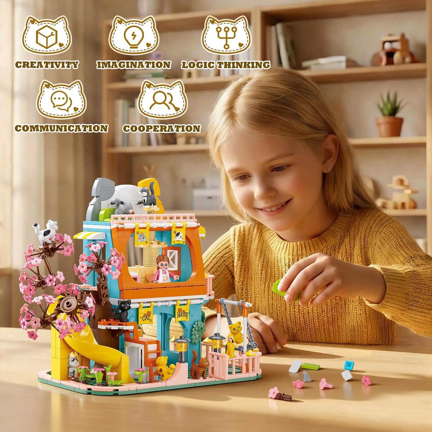 Cat House Toy Building Set for Girls, 521 PCS Friendship House Building Blocks Kit with 8 Cats & 1 Doll Minifigure, Compatible with Lego Friends, Ideal Christmas Birthday Gift for Kids Girls Aged 6-12