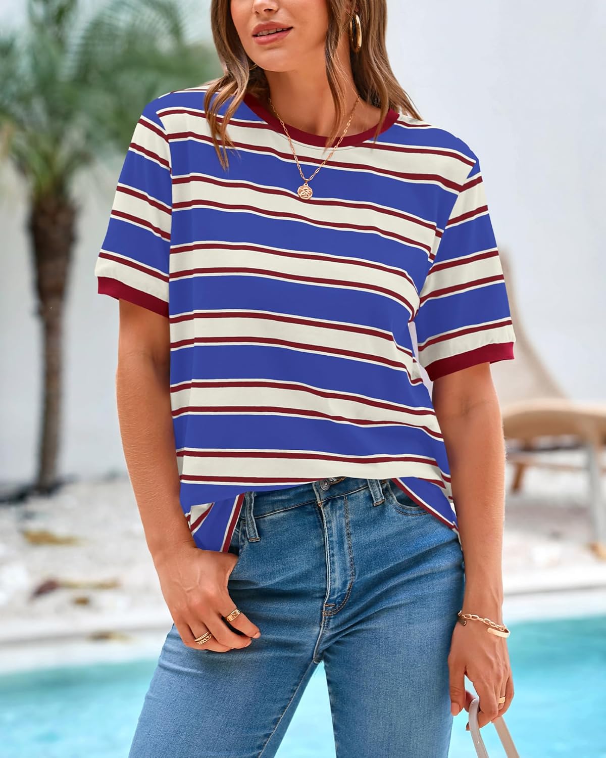 BTFBM Summer Tops for Women 2026 Crewneck Short Sleeve Striped T Shirts Casual Spring Clothes Color Block Basic Tee Blouses - Image 2