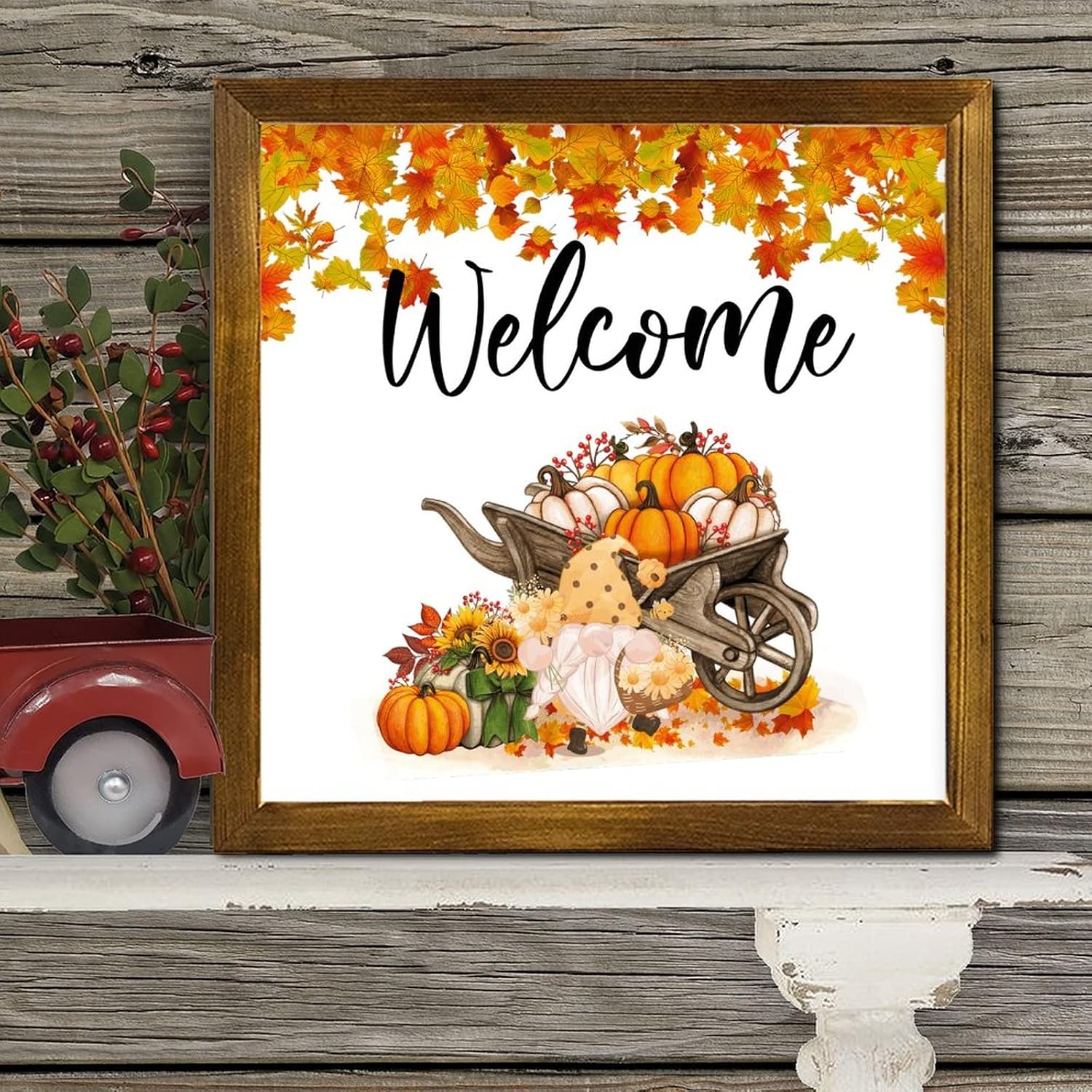 Thanksgiving Welcome Wooden Framed Sign Gnome Pumpkin Maple Leaves Wooden Wall Hangings Classic Harvest Thanksgiving Wood Decor Farmhouse Wall Hanging Plaque for Living Room Bedroom Home 12x12 inch