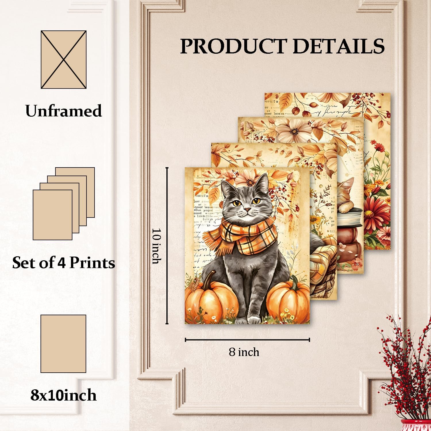 OCFMUHFP Vintage Cat Wall Art Decor Prints Set of 4, Cottagecore Fall Posters, Cute Autumn Animal Artwork for Living Room Bedroom Office, Cat Lover Gifts and Seasonal Home Decorations, 8x10 Unframed image 2