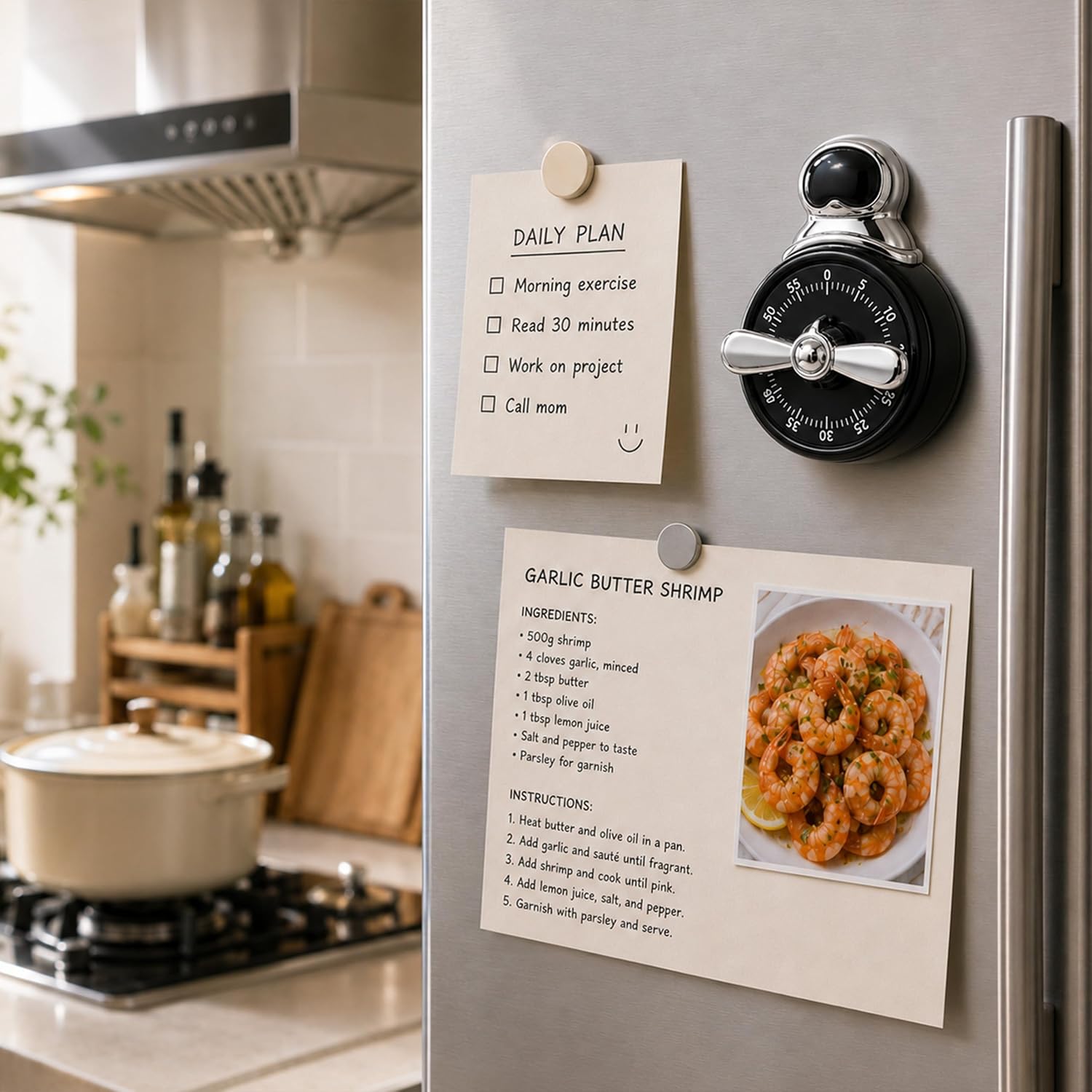 Retro Mechanical Kitchen Timer, Magnetic 60-Min Wind-Up Timer, Battery-Free Analog Countdown Clock, Black Aviation Style Desk Timer for Cooking, Study & Office