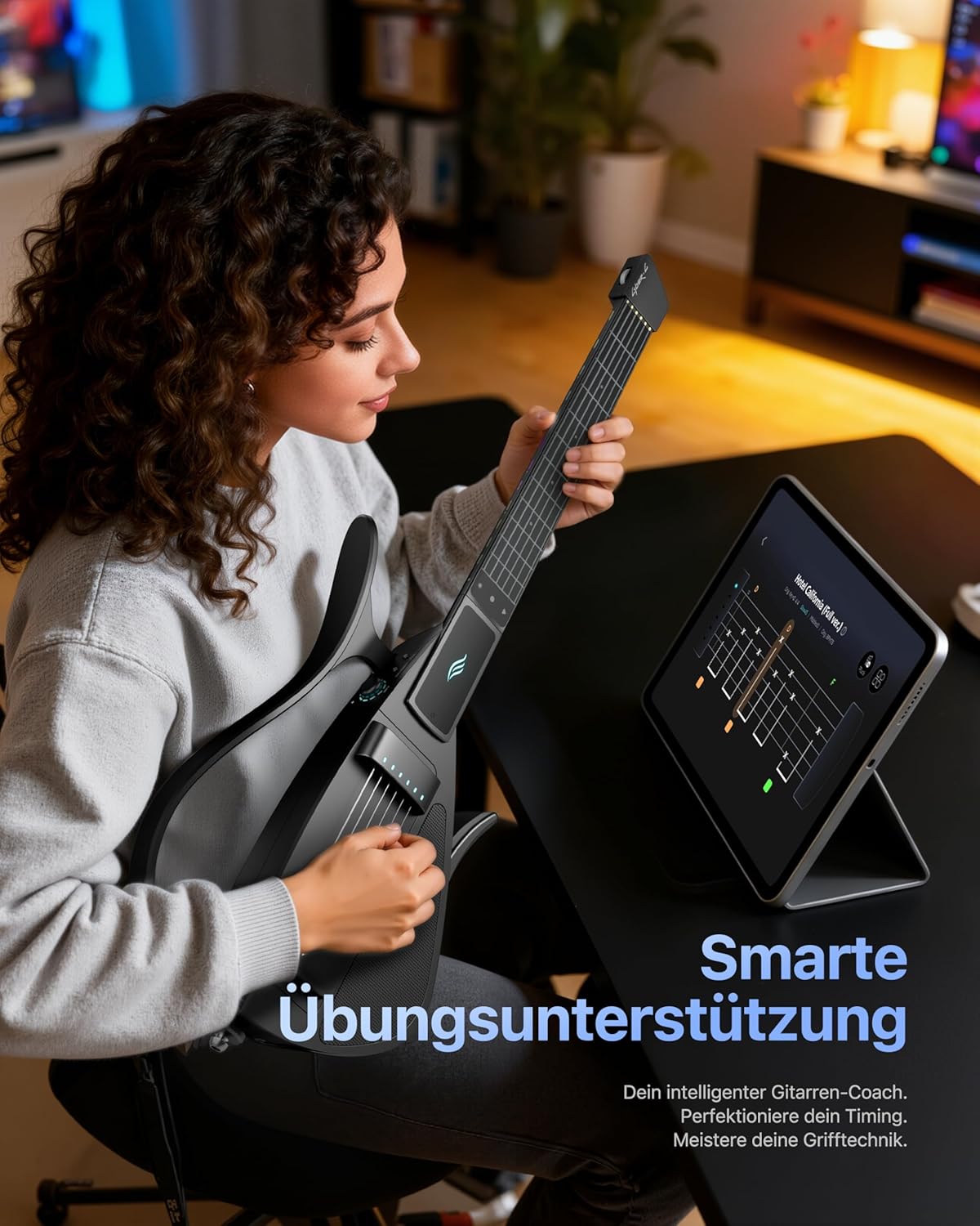 Color black Enya CYBER-G Smart Guitar With Silicone Strings, 24 Built-in Tones, Travel Silent Guitar with Speaker and Drum system,App Interactive Chord Sheets For Adults & Teens