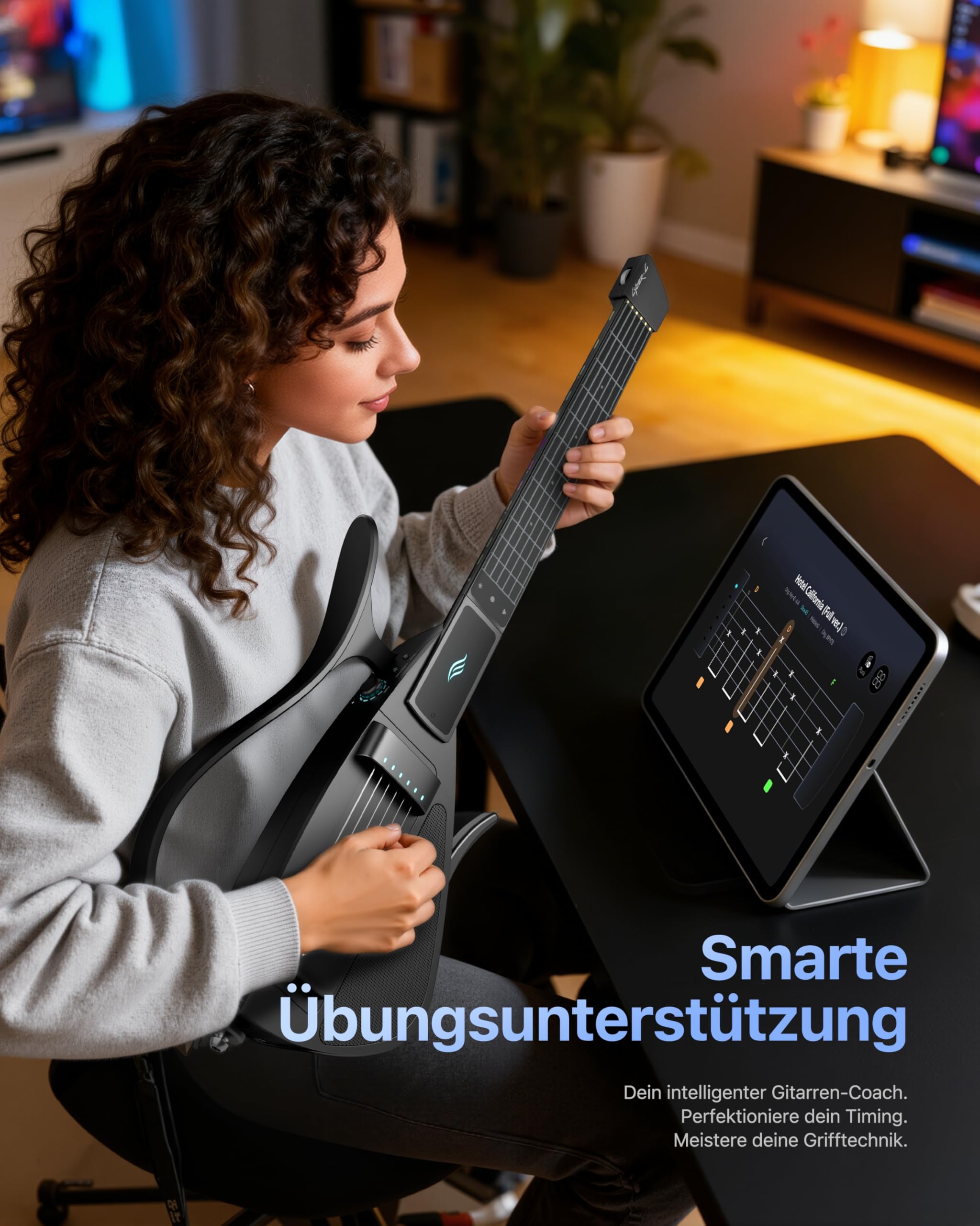 Enya CYBER-G Smart Gitarre – mit Silikonsaiten, 24 integrierten Sounds, schwarze leise Reise Anfänger Gitarre mit Lautsprecher, Drum-System, App & interaktiven Akkorden für Erwachsene & Teenager