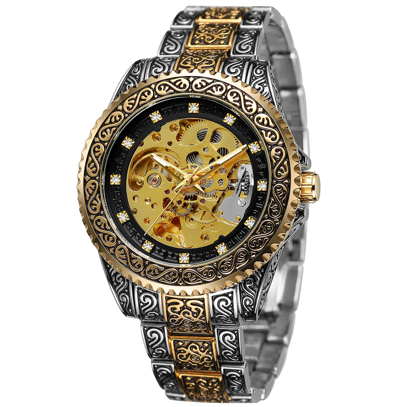 FORSINING Mens Skeleton Engraving Watch Automatic Watch for Men Waterproof Self Winding Wrist Watch, 02-Gold Silver Band Gold Black Face, Mechanical,Automatic Watch (B09FNTKD65) Amazon Price History, Amazon Price Tracker