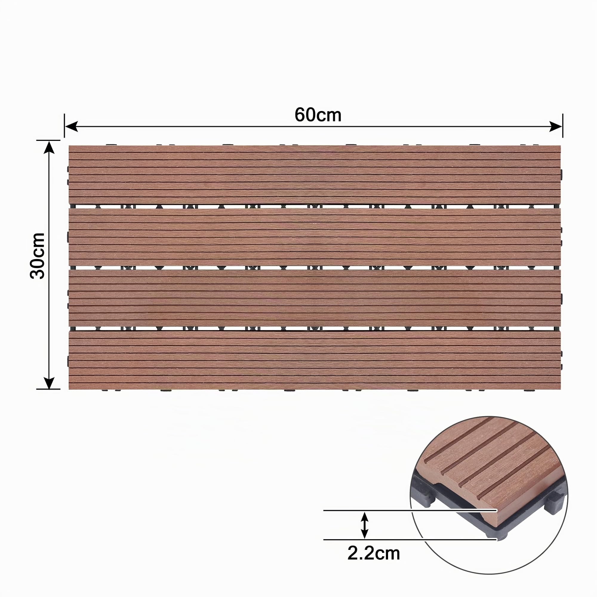 UISEBRT 6 pezzi per pavimenti in WPC, effetto legno, piastrelle a clic, in plastica, per giardino, balcone, terrazza (30 x 60 cm, marrone)