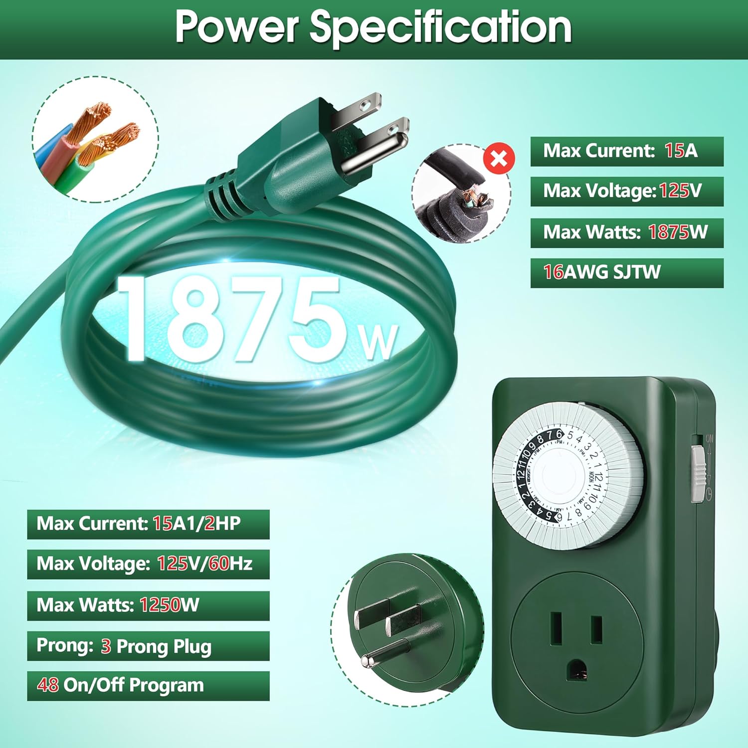 Feekoon Outdoor Extension Cord with Multiple Outlets and Timer, 16AWG SJTW Green Extension Cord Splitter with Waterproof Covers for Christmas Inflatables, Patent Pending(4 Outlets,25 FT)