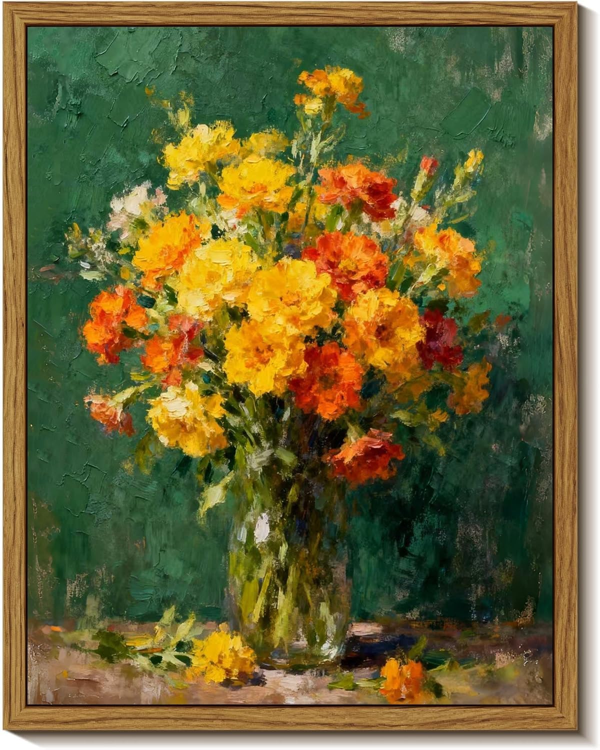 Yxyfalocher Original Oil Painting on Canvas, Yellow and Orange Floral Bouquet, Dark Green Background, Modern Impressionist Wall Art, 10x8 Inches