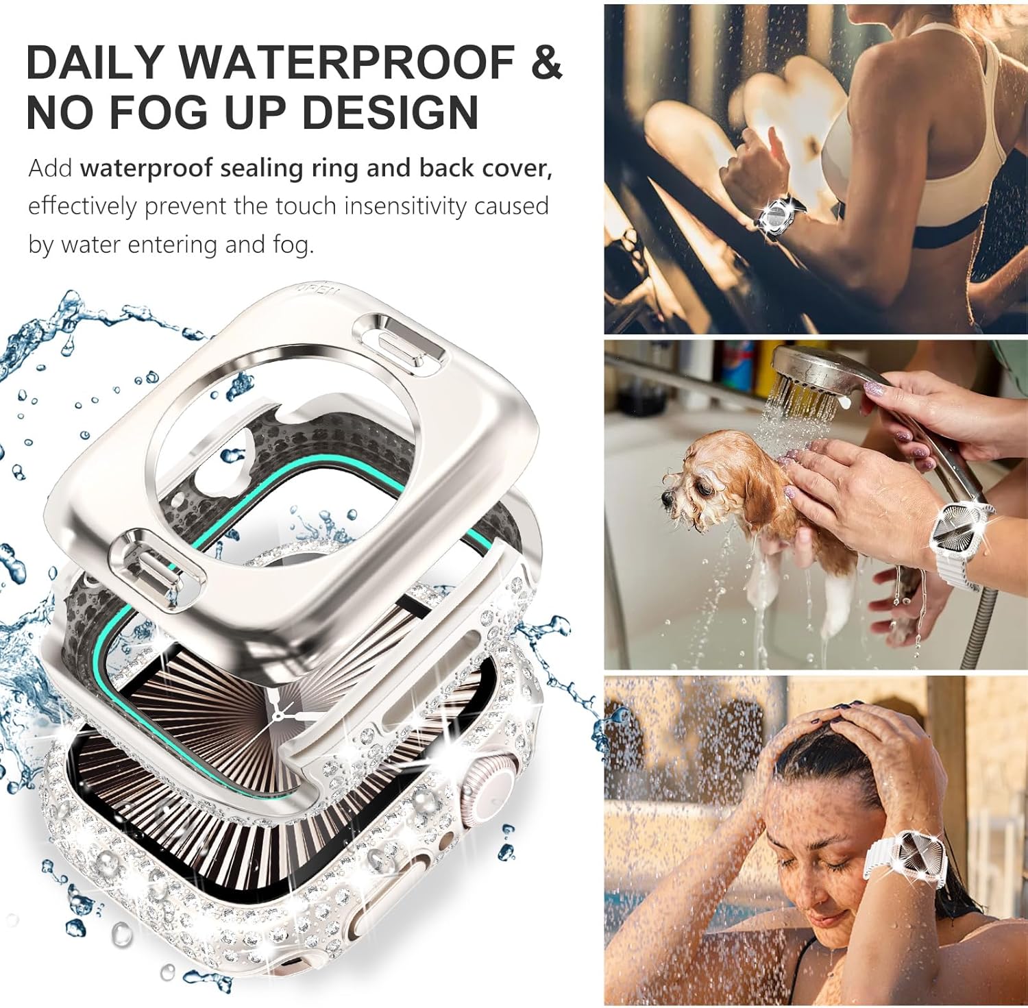 WINGLE 2-in-1 Waterproof Case for Apple Watch Series 11 10 42mm Screen Protector Case, Full Bling Diamond Protective Face Cover Apple Watch 11 10 42 mm Crystal Rhinestone Bumper iWatch, Starlight - Image 4