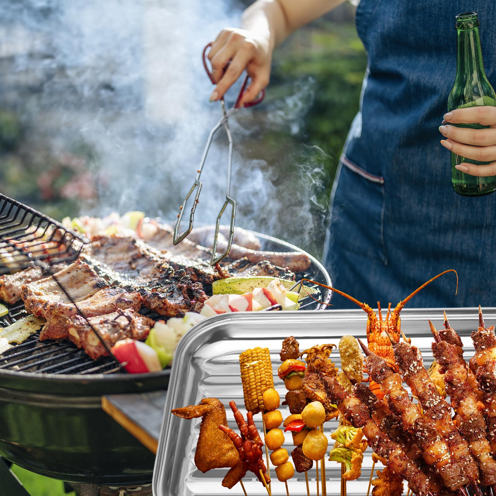 Sporgo Juego de 2 cuencos para barbacoa, acero inoxidable, 34 x 24 cm, reutilizables, con cepillo, accesorios para barbacoa, verduras, pescado, carne, cestas para barbacoa, apto para todas las